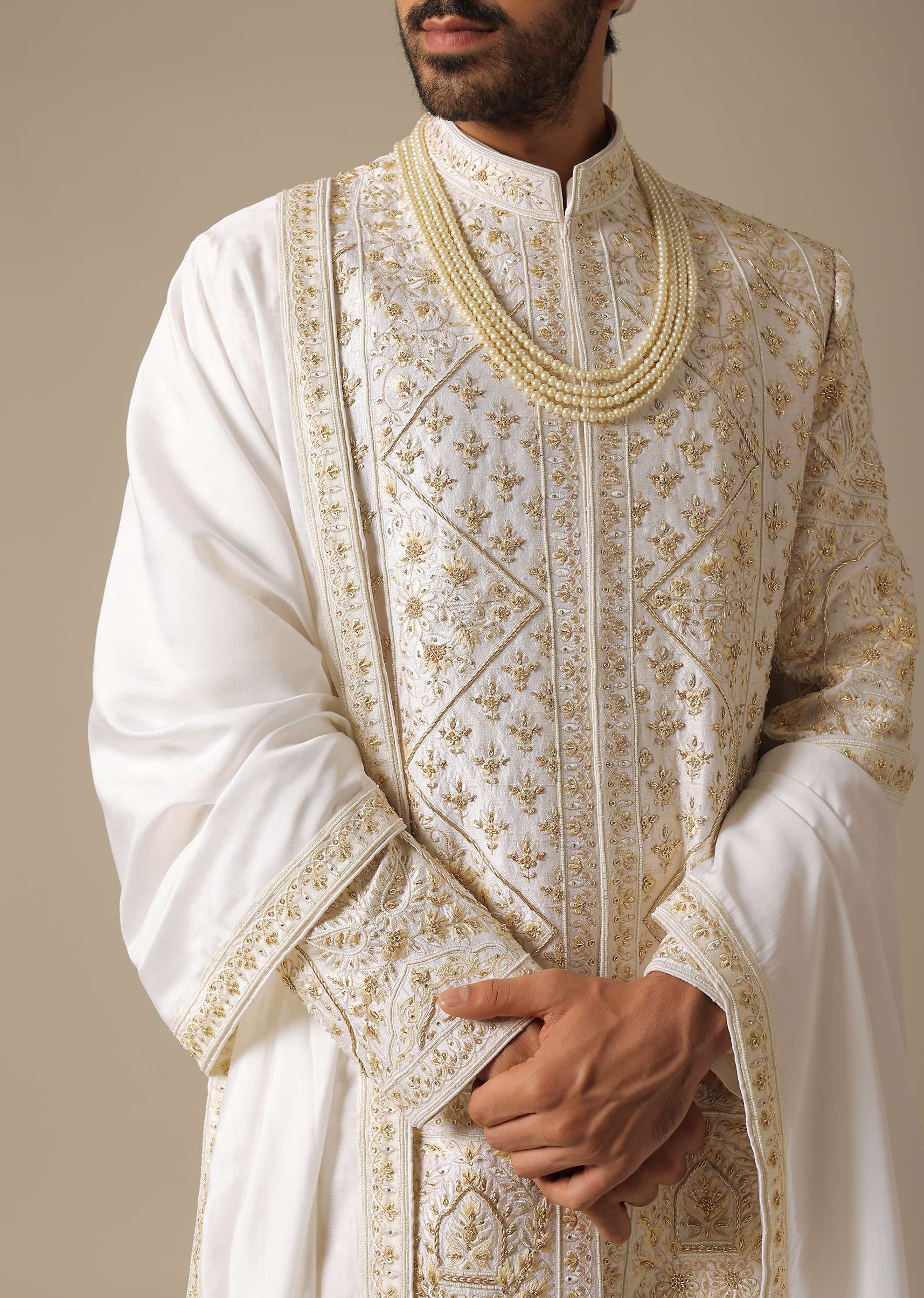 White Elegant Sherwani Set For Grooms - Image 2