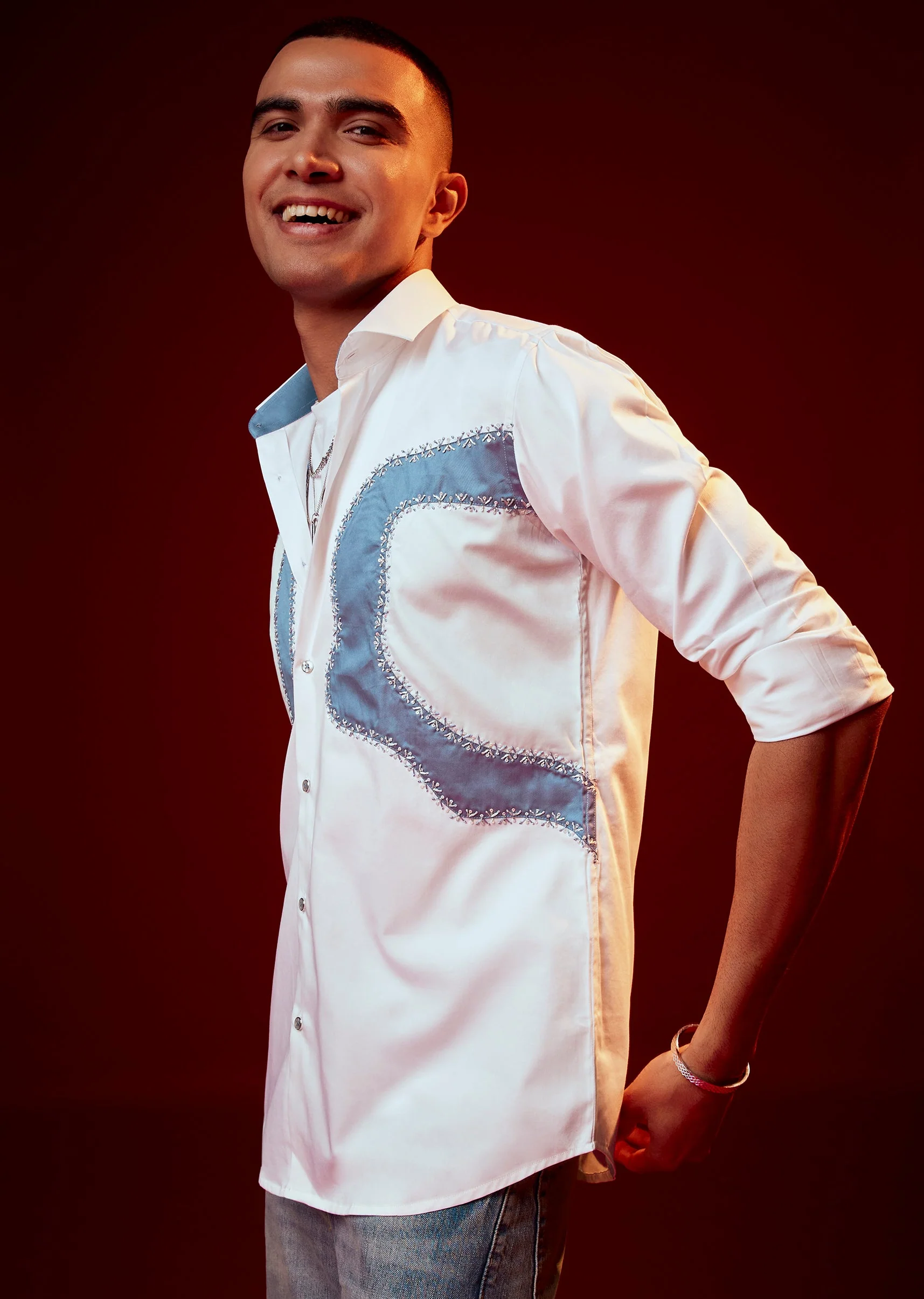 White Embellished Silk Blend Mandarin Collar Party Shirt - Image 3