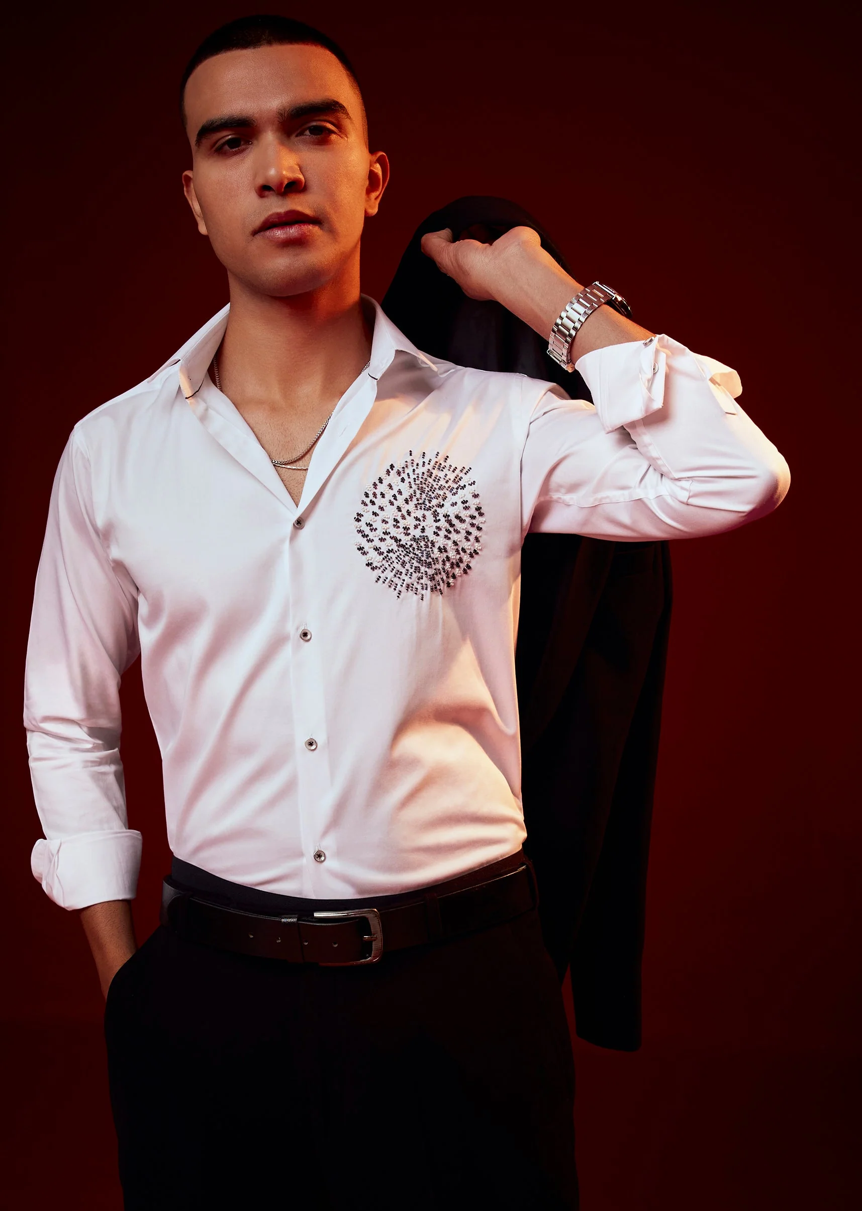 White Embellished Silk Blend Party Shirt - Image 3