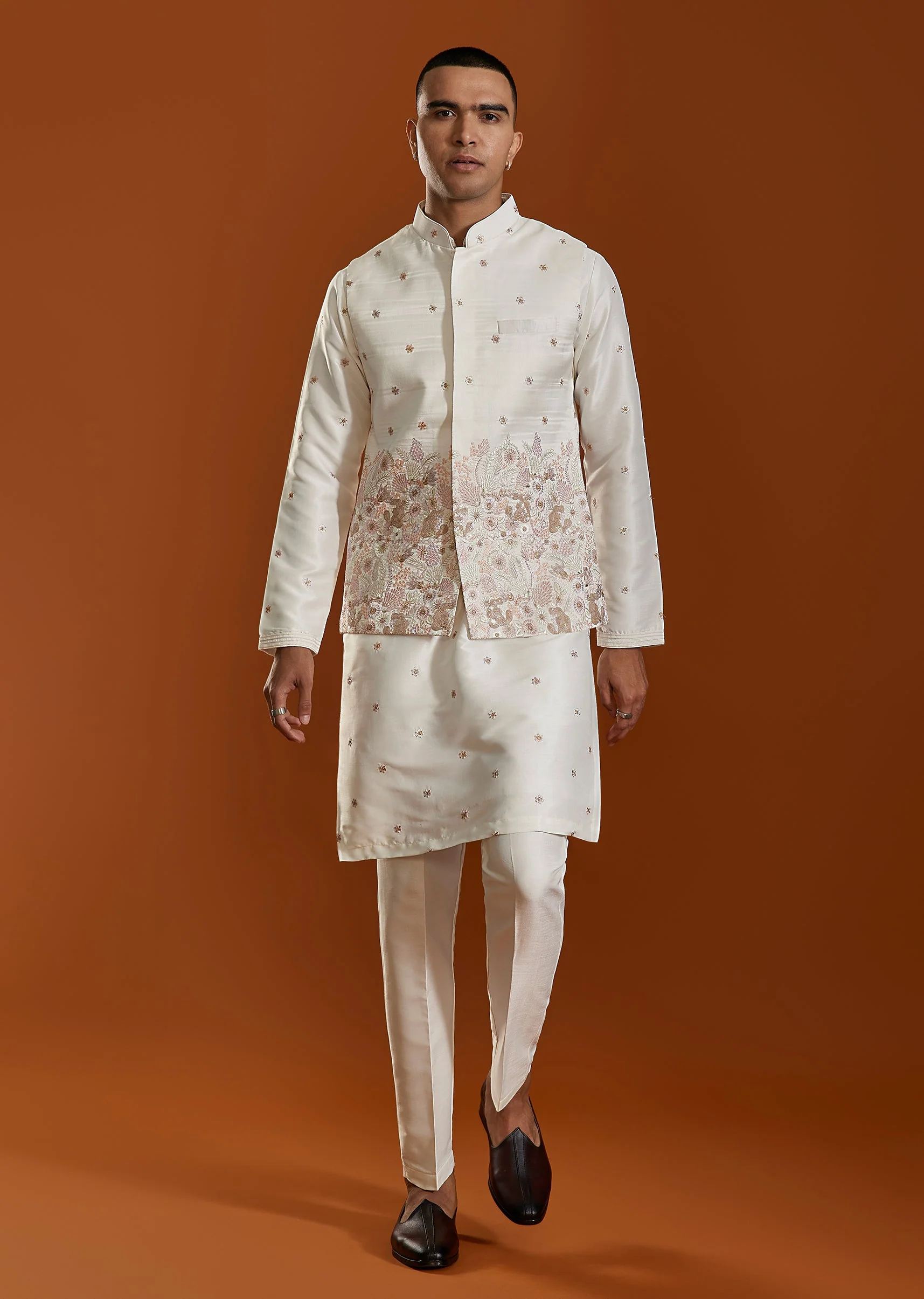 White Embroidered Kurta Jacket Set - Image 3
