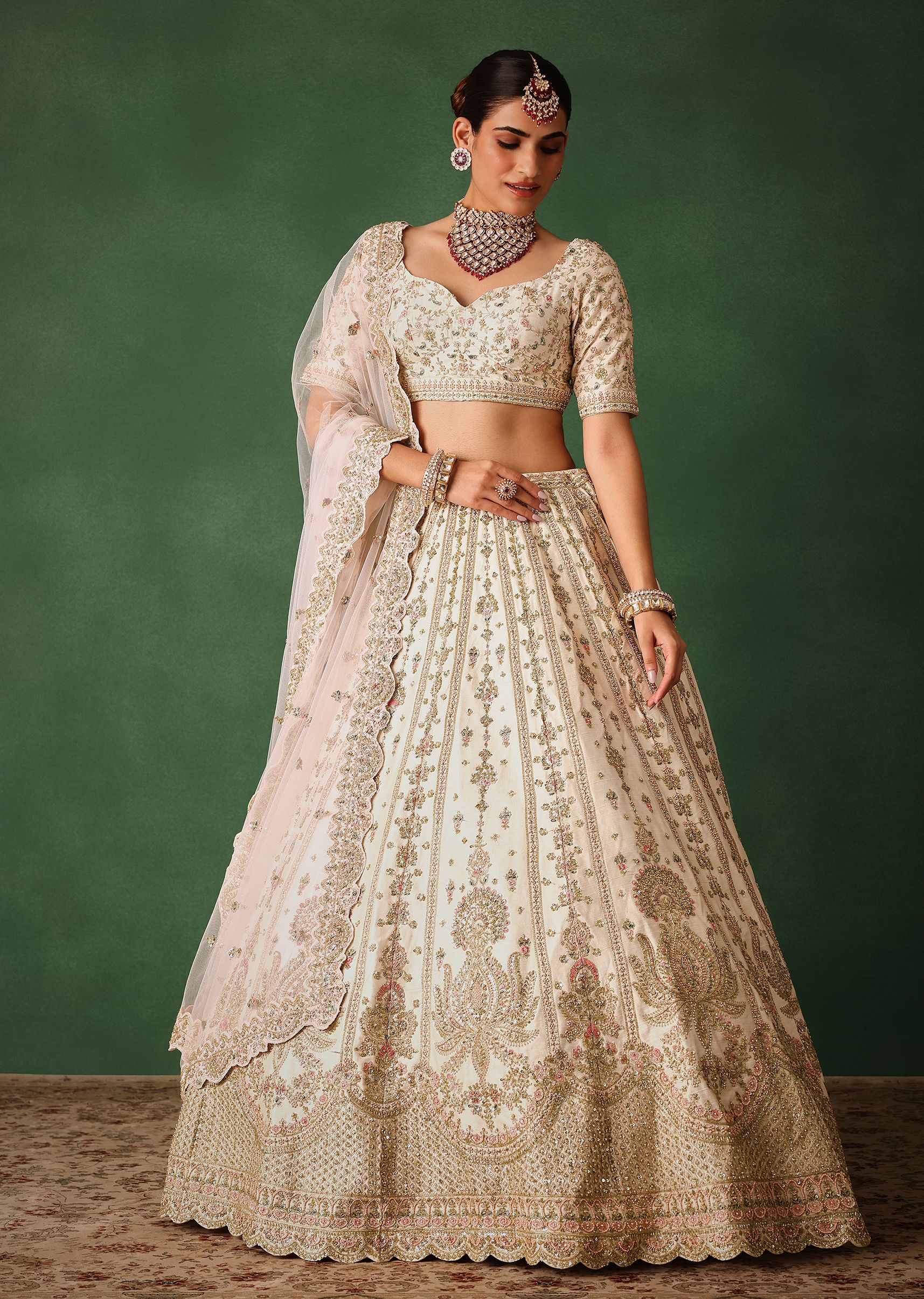 White Embroidered Lehenga Set In Raw Silk - Image 3