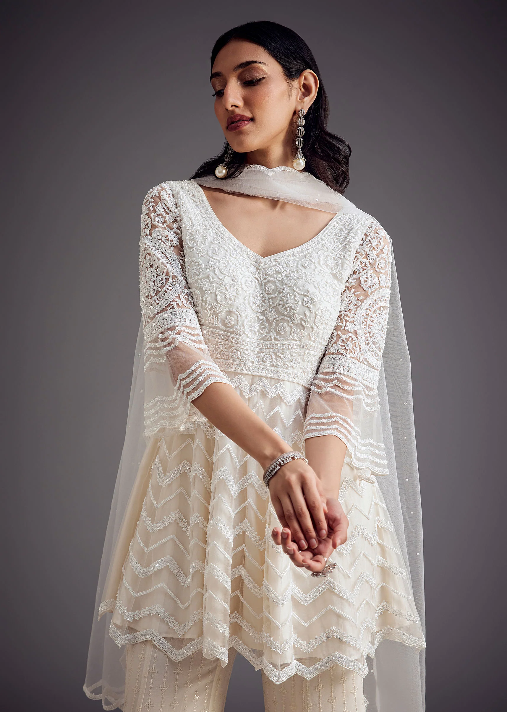 White Embroidered Peplum Kurta With Palazzo And Net Dupatta - Image 4