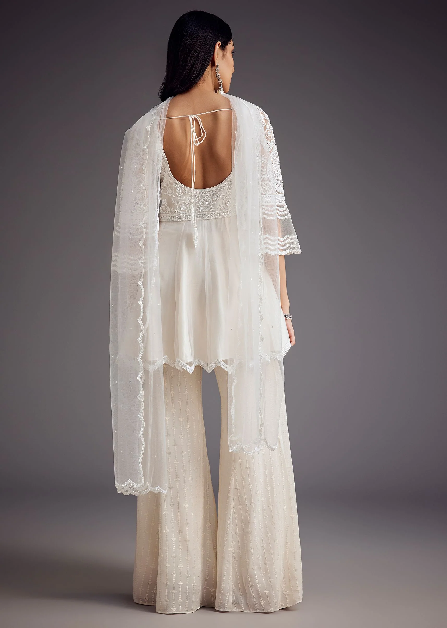 White Embroidered Peplum Kurta With Palazzo And Net Dupatta - Image 5