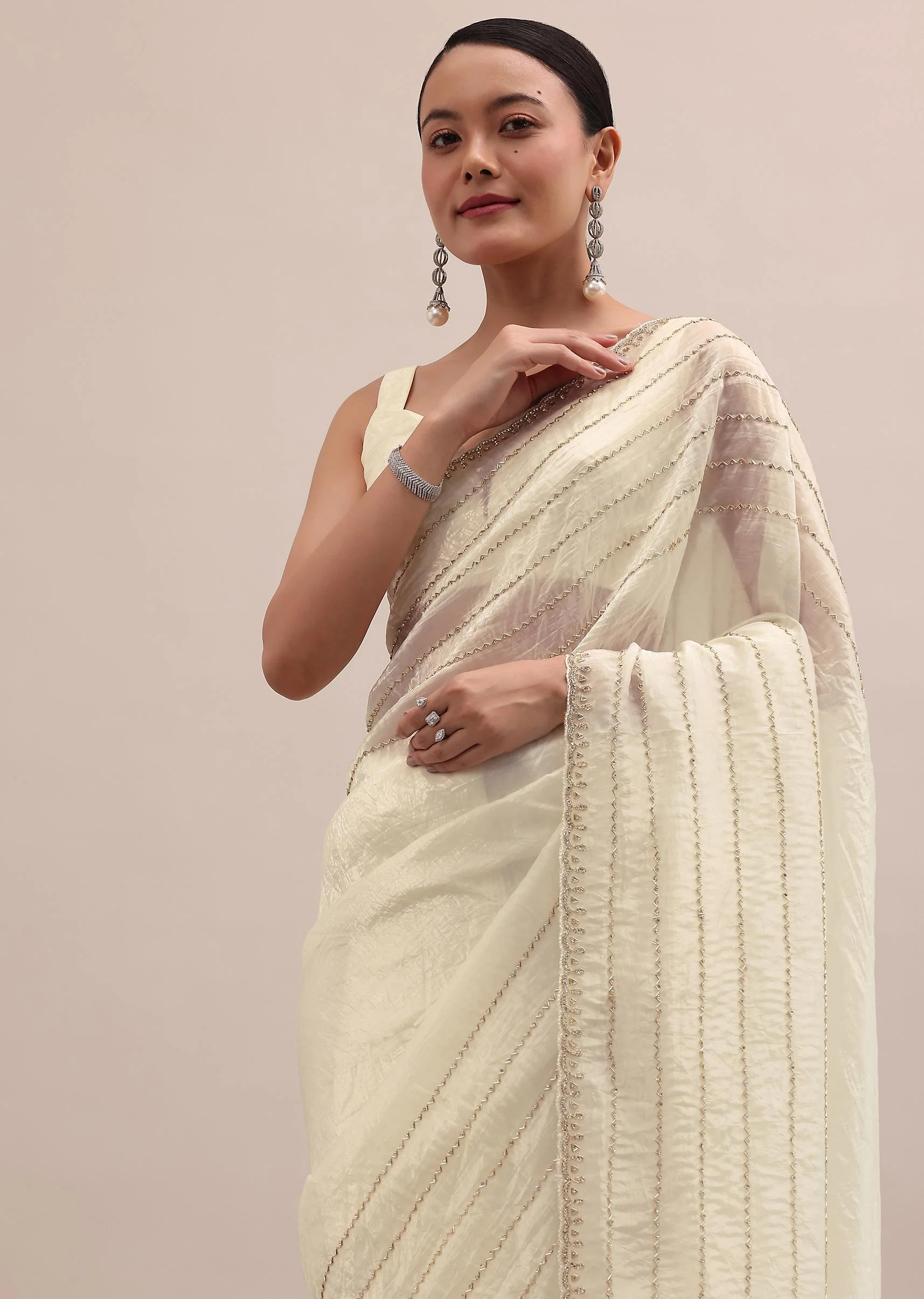 White Embroidered Tissue Saree With Unstitched Blouse - Image 2