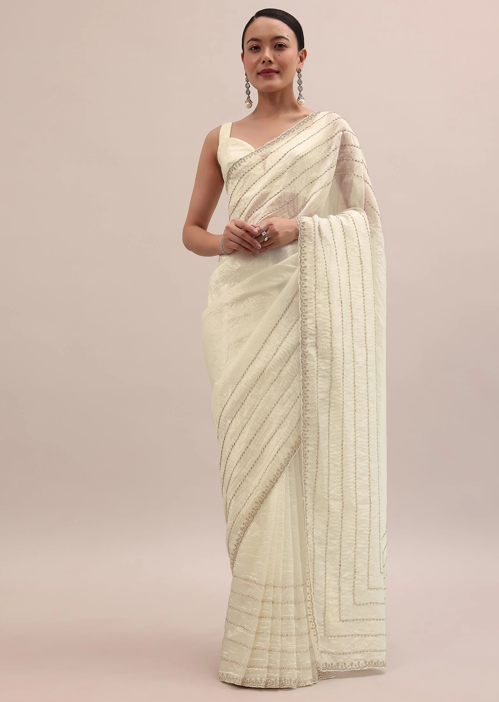 White Embroidered Tissue Saree With Unstitched Blouse - Image 3