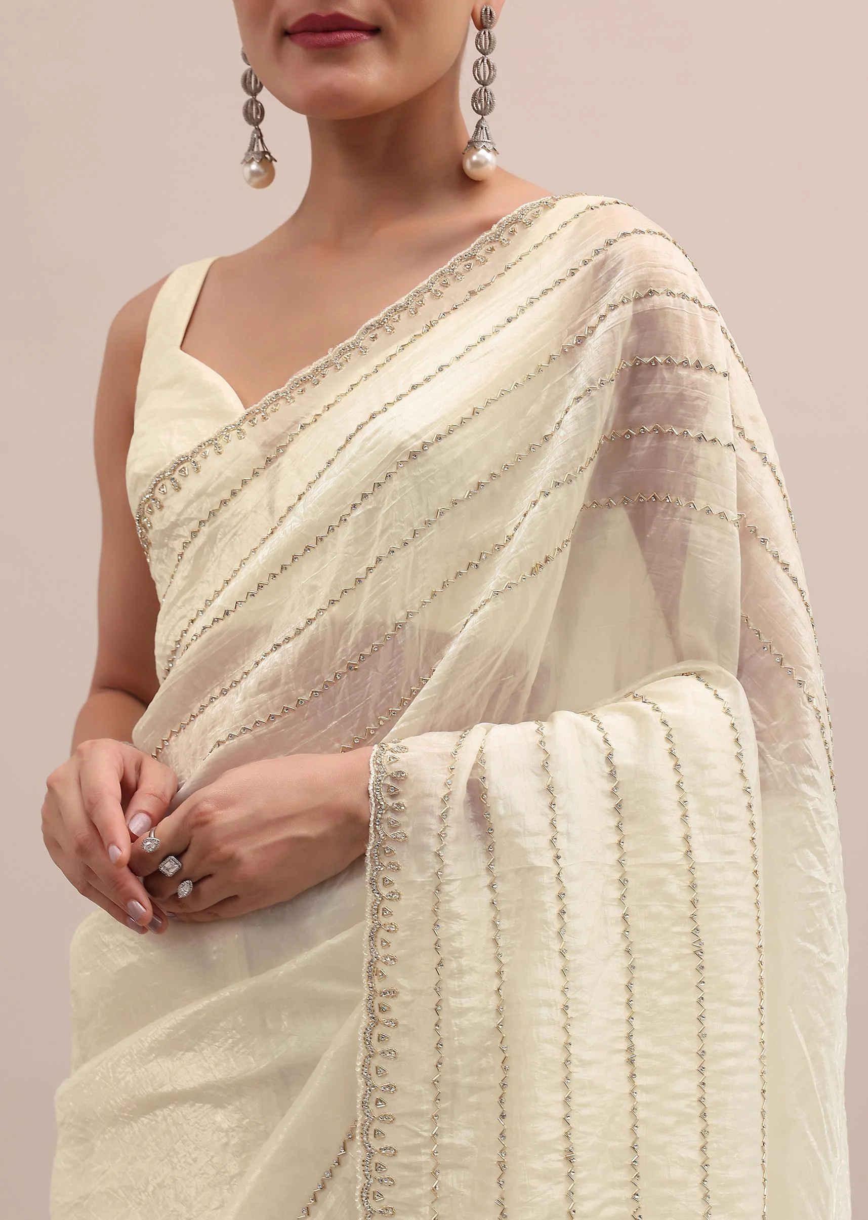 White Embroidered Tissue Saree With Unstitched Blouse - Image 6