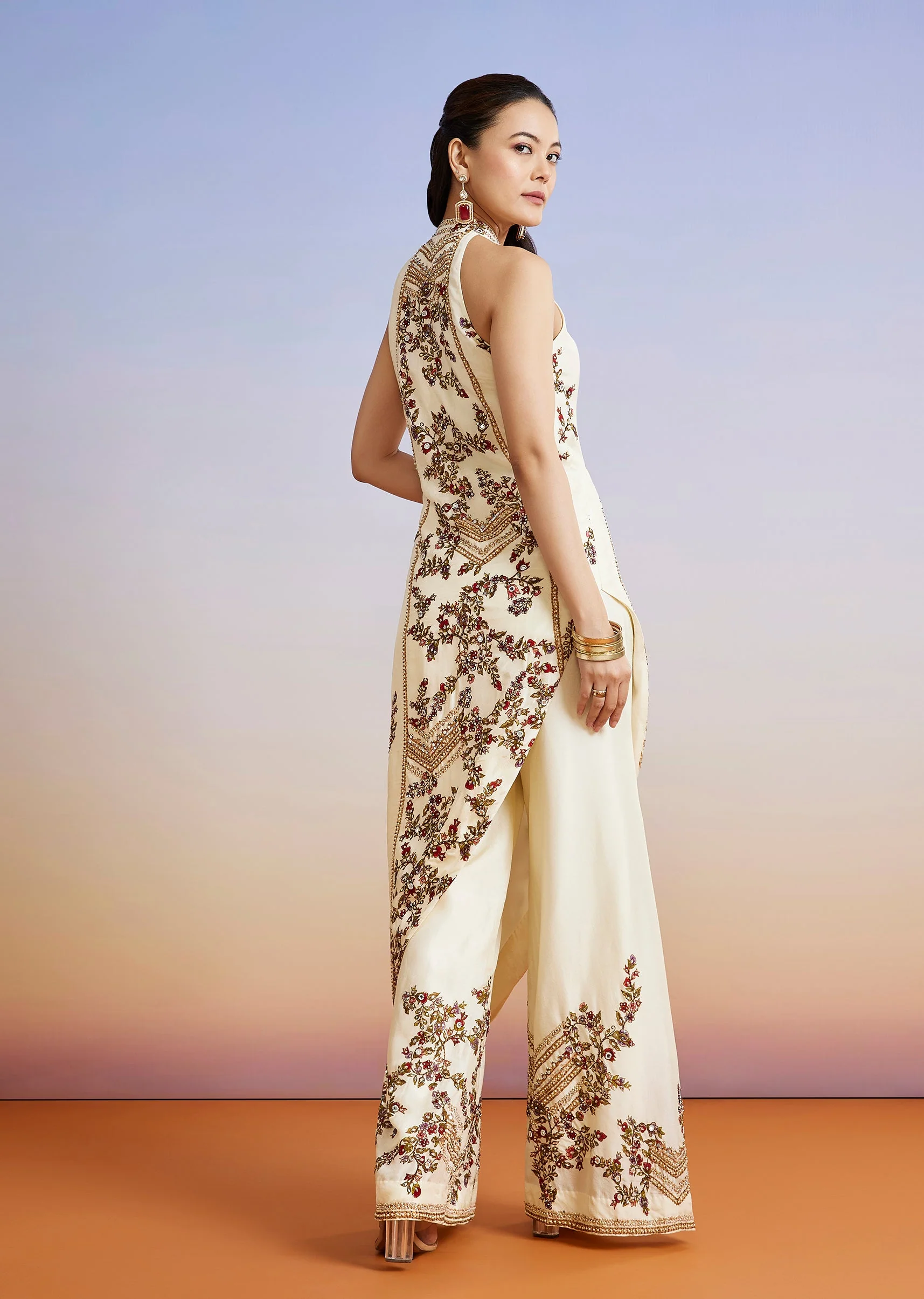 White Floral Printed Silk Blend Co-ord Set - Image 6