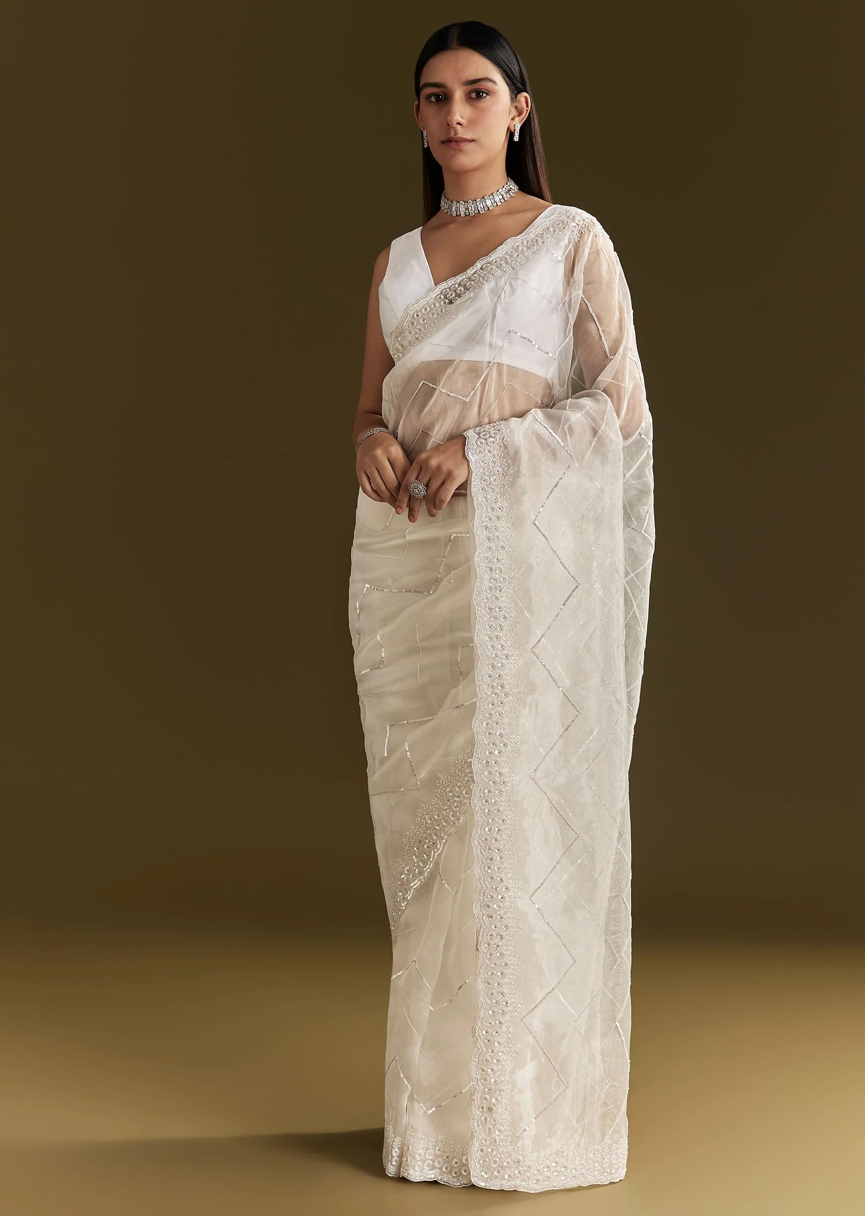 White Glass Tissue Saree With Sequins Embroidery And Scallop Border - Image 2