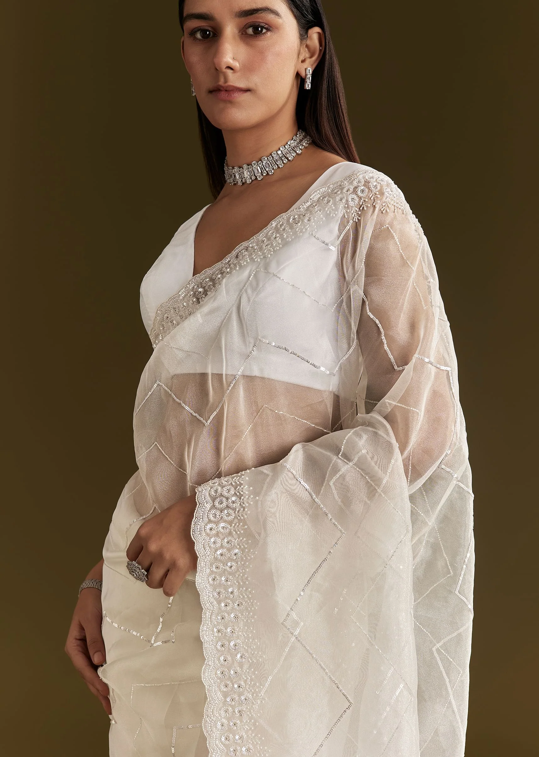 White Glass Tissue Saree With Sequins Embroidery And Scallop Border - Image 3