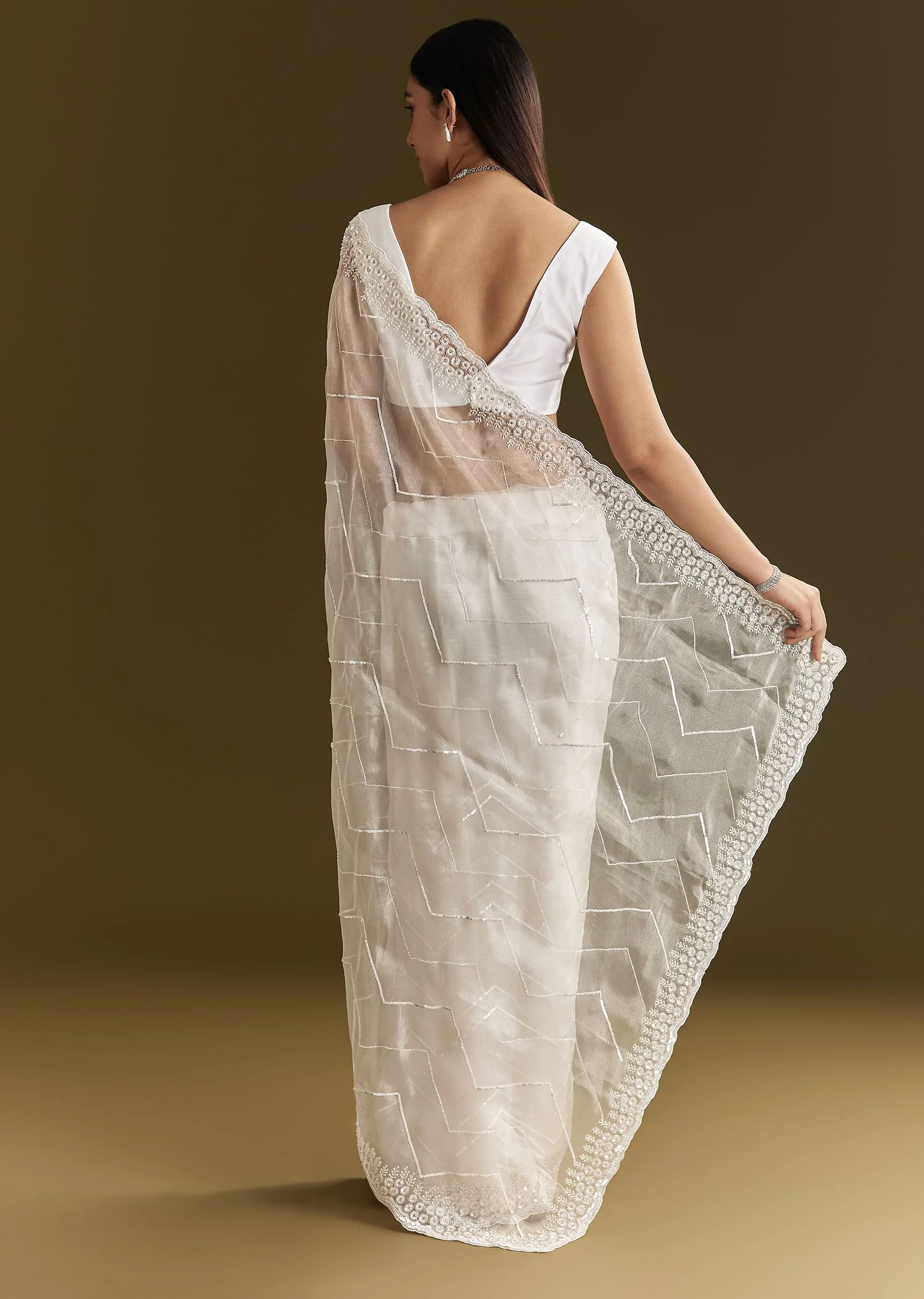 White Glass Tissue Saree With Sequins Embroidery And Scallop Border - Image 6