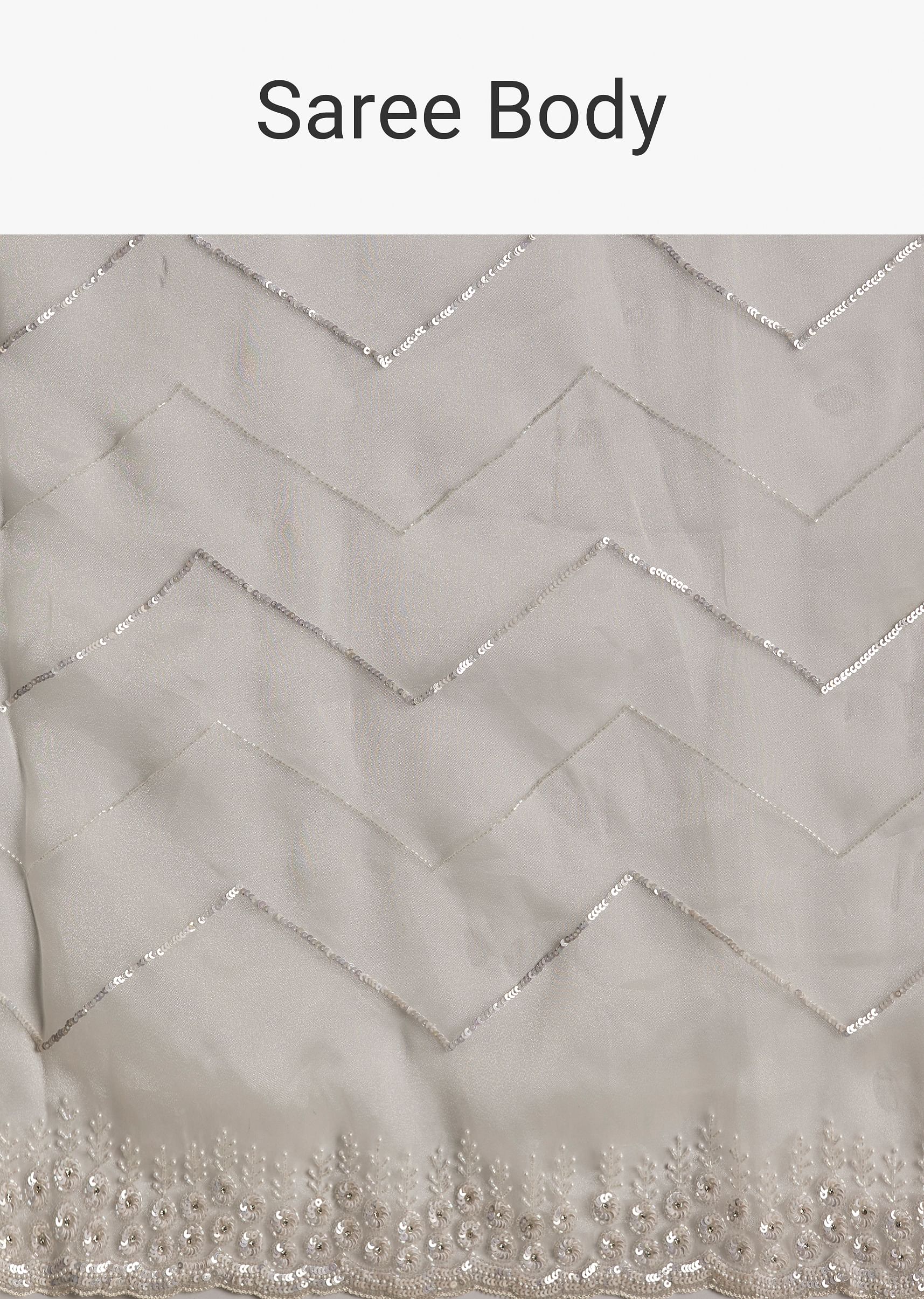 White Glass Tissue Saree With Sequins Embroidery And Scallop Border - Image 9
