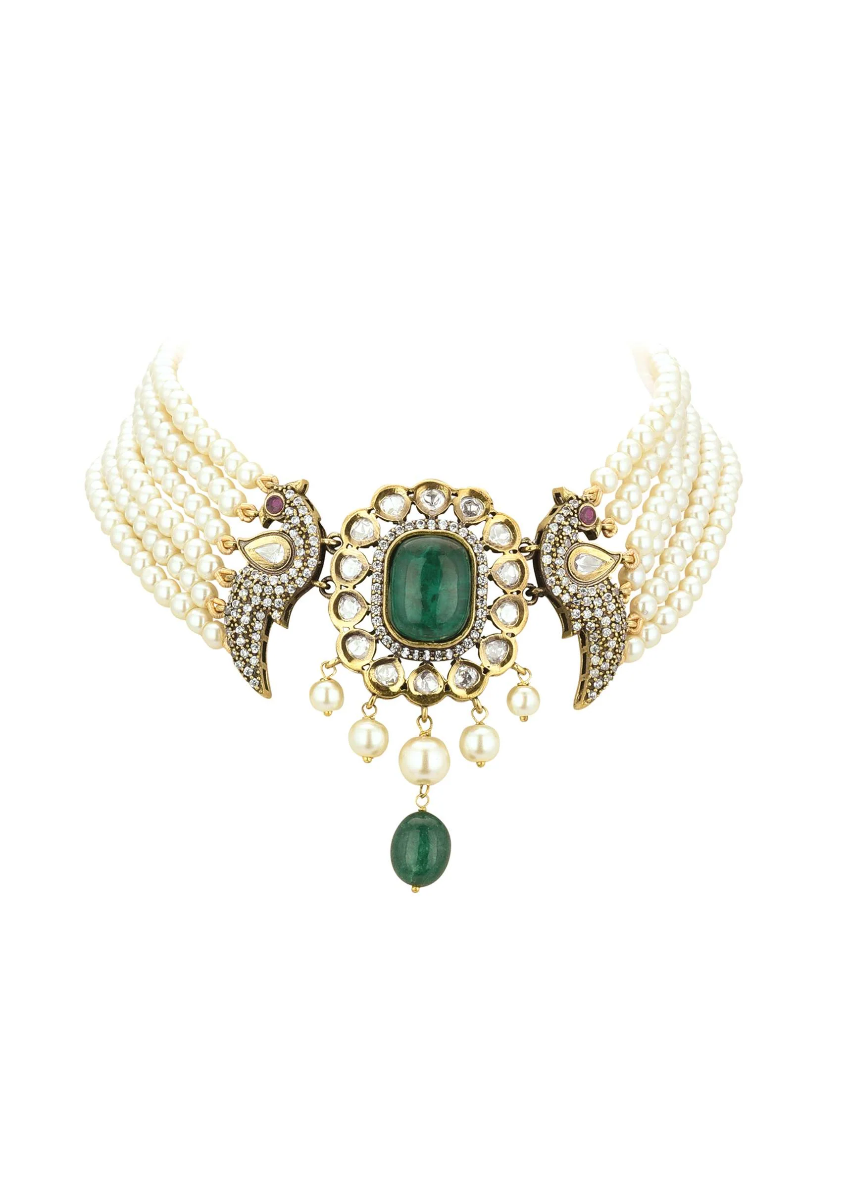 White Gold-Finish Kundan Choker Set With Pearls And Faux Diamonds In Mix Metal - Image 8