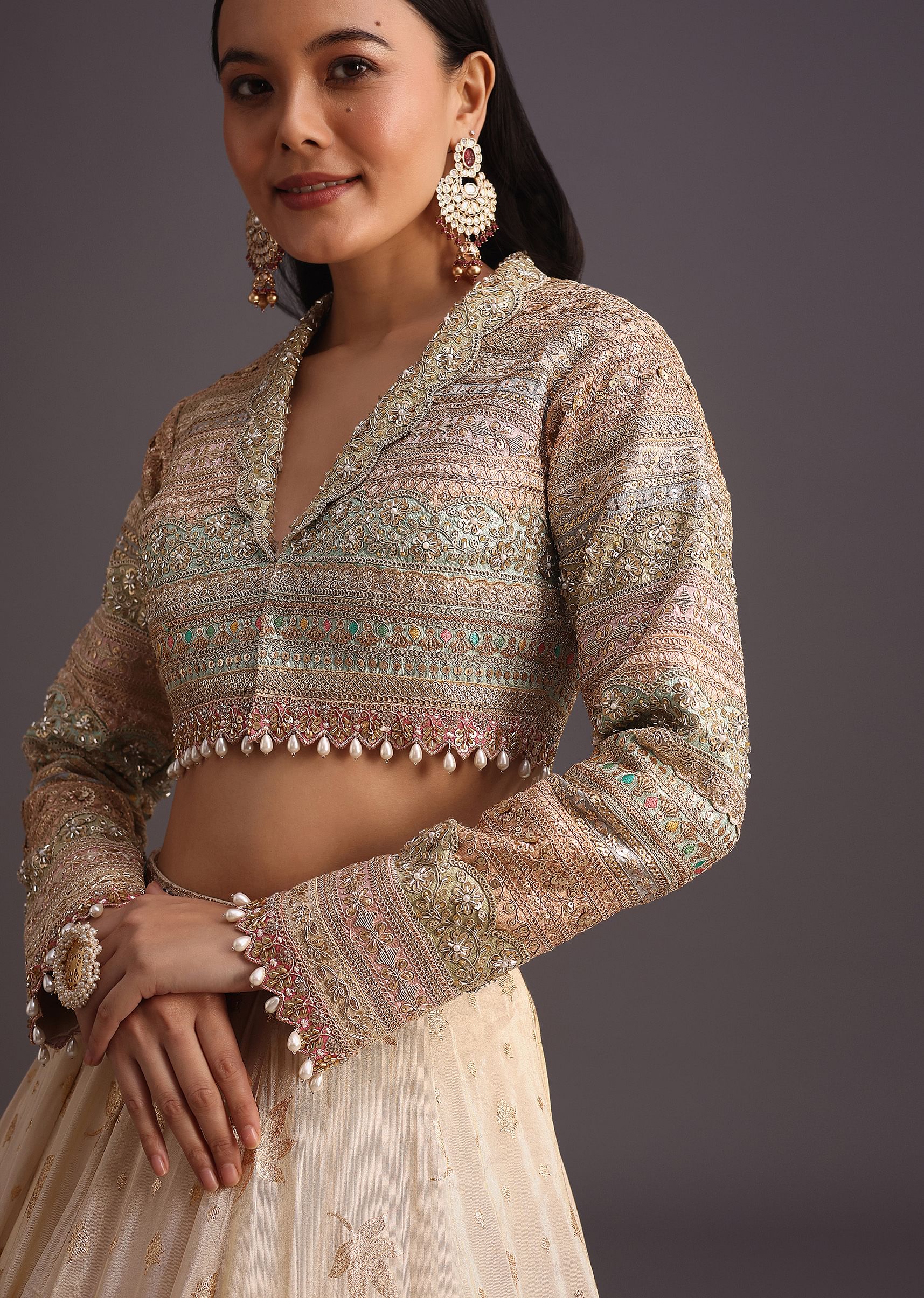 White Gotta Work Choli With Banarasi Weave Lehenga - Image 2