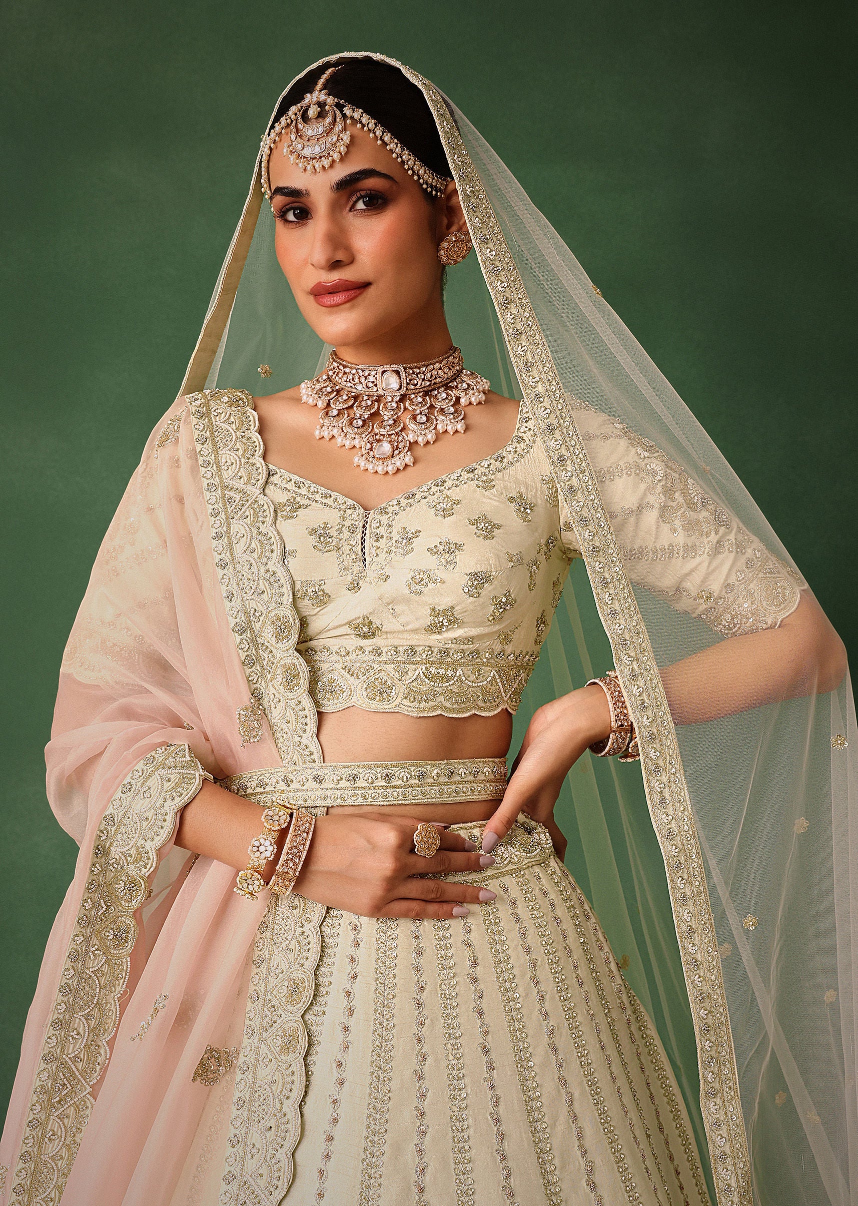 White Hand Embroidered Lehenga Set In Raw Silk With Dupatta - Image 3