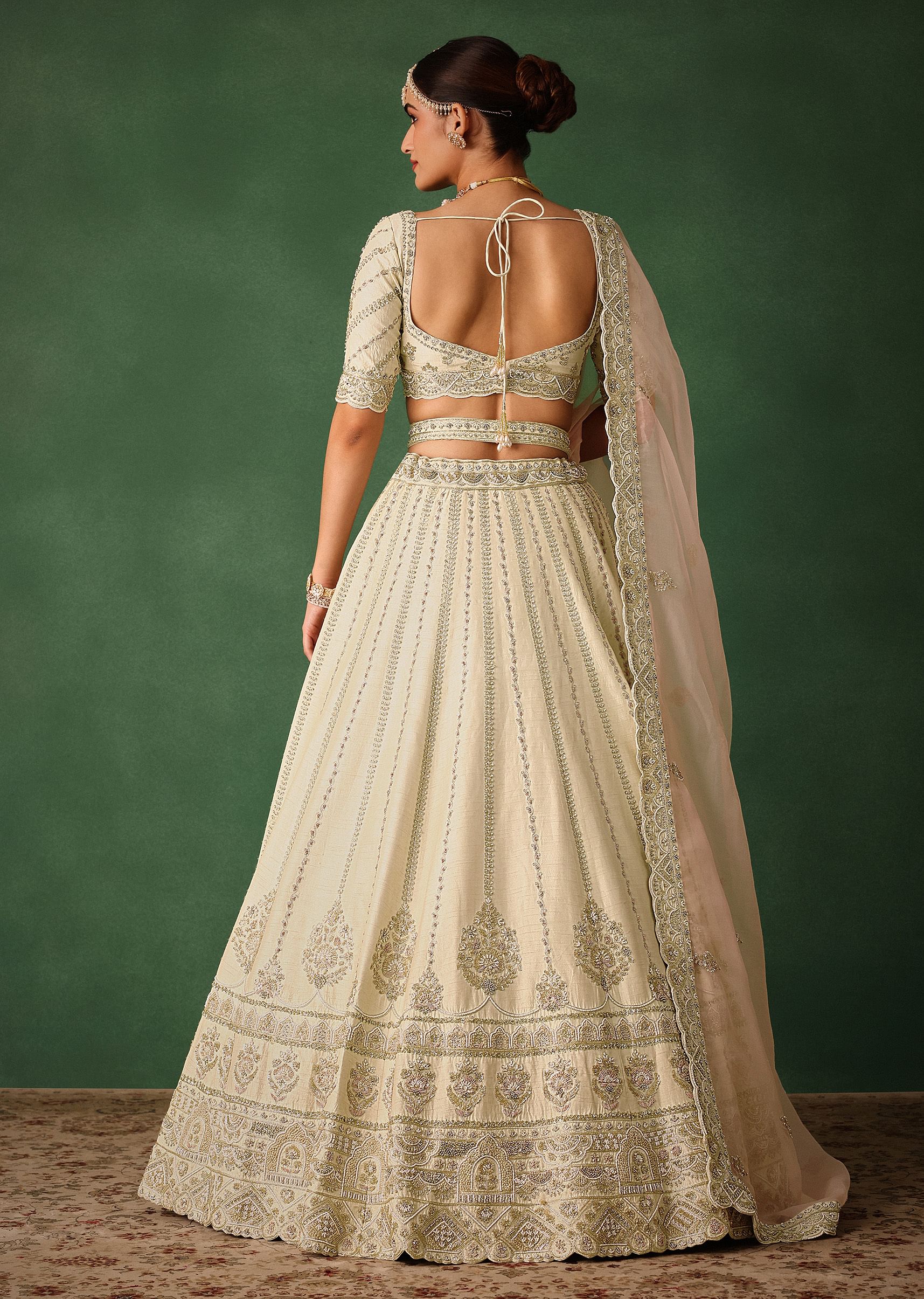 White Hand Embroidered Lehenga Set In Raw Silk With Dupatta - Image 7
