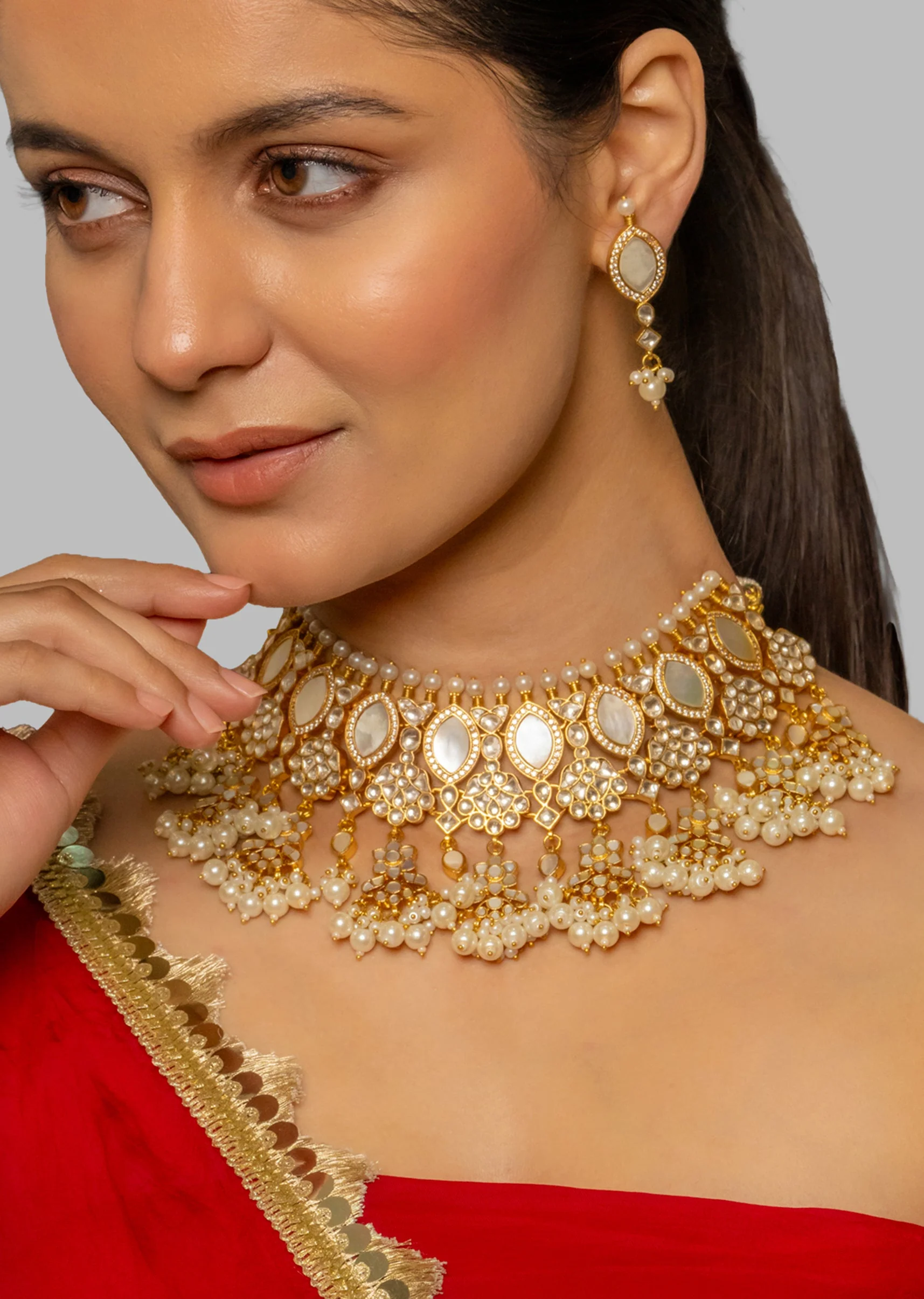 White Heavy Kundan Polki Bridal Necklace Set