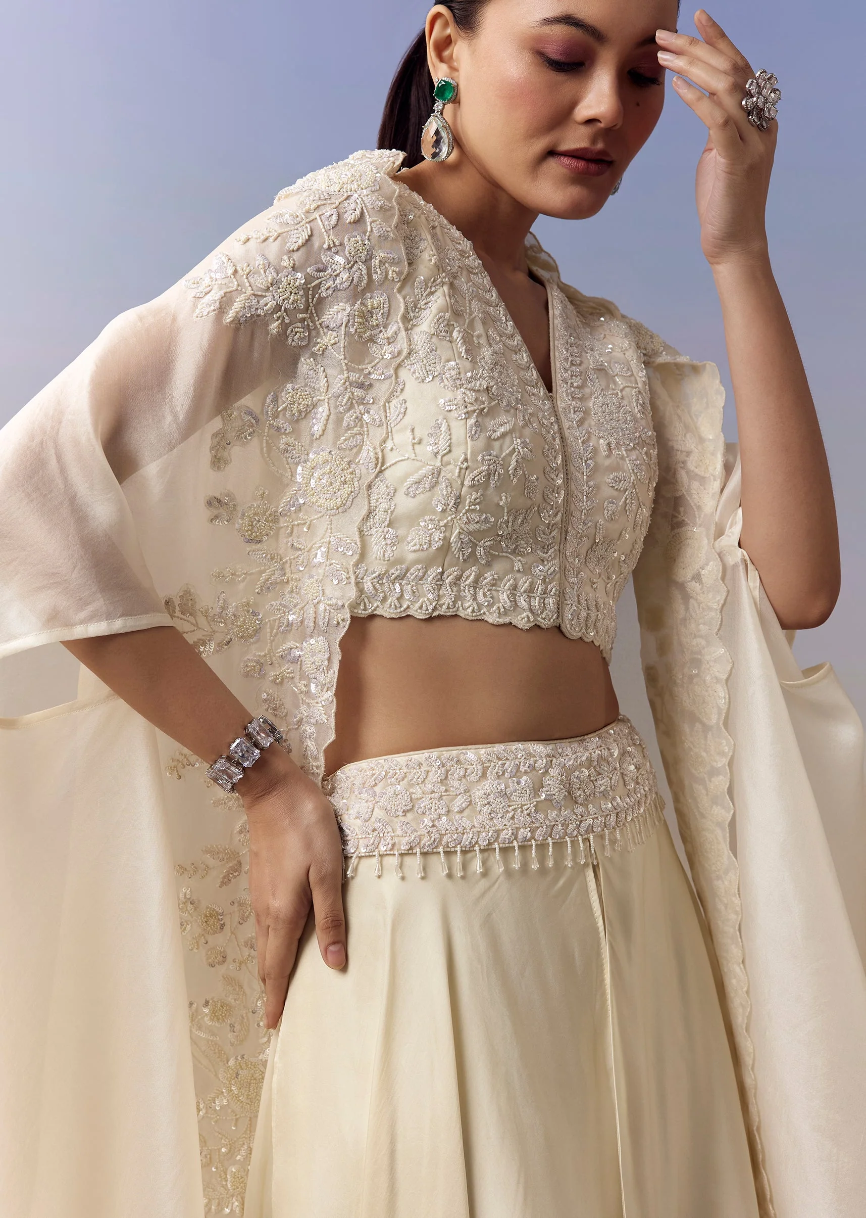 White Indo Western Crop Top Skirt Set With Moti Work And Cape - Image 2