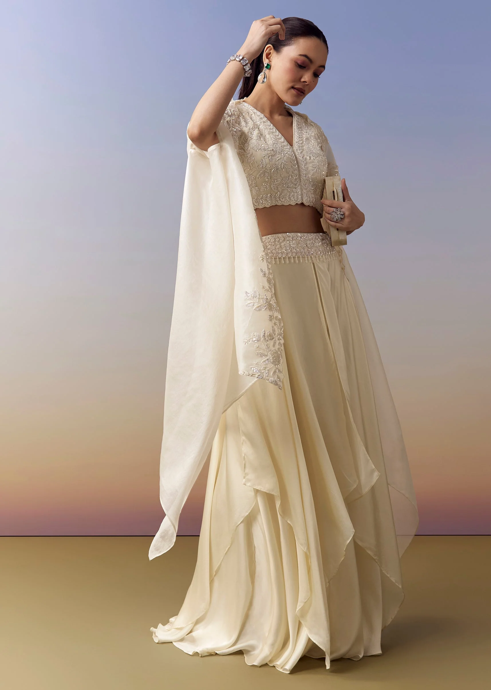 White Indo Western Crop Top Skirt Set With Moti Work And Cape - Image 3