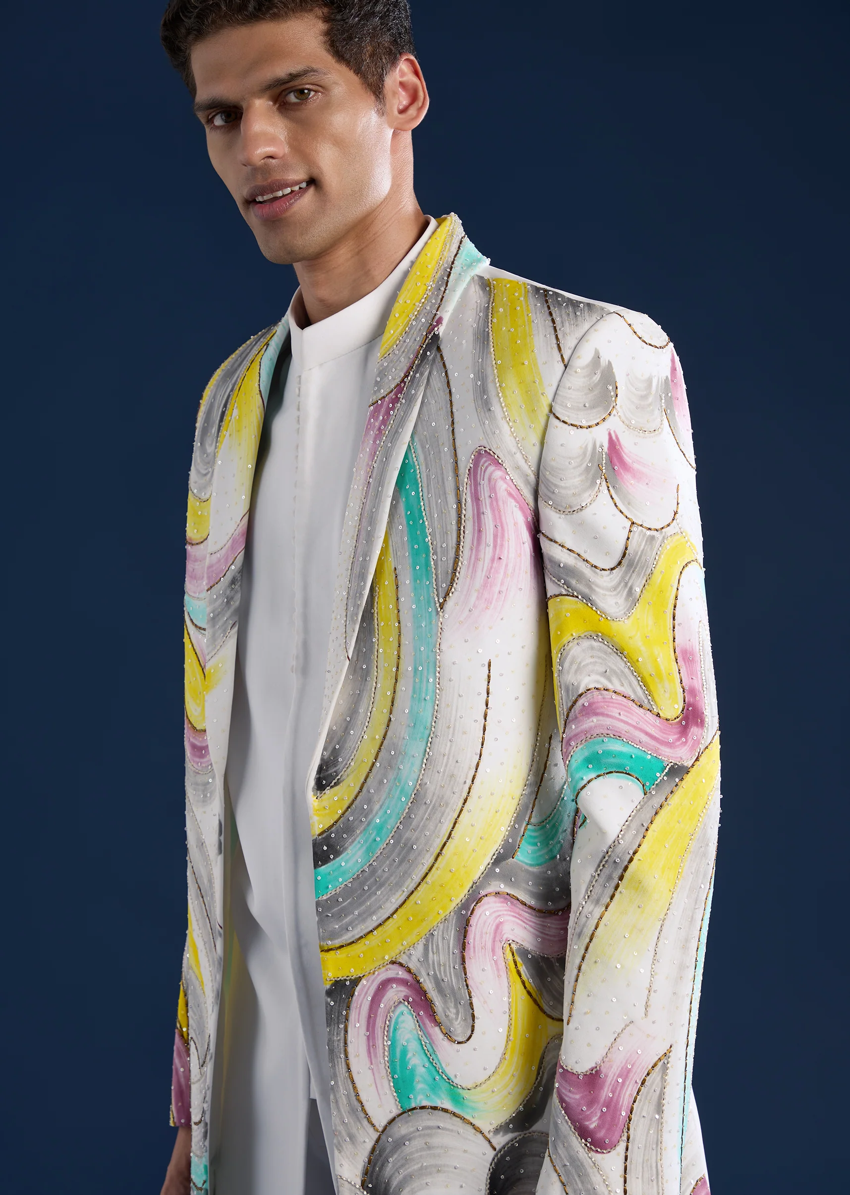 White Indo Western Set For Men With Hand Painted Work - Image 2