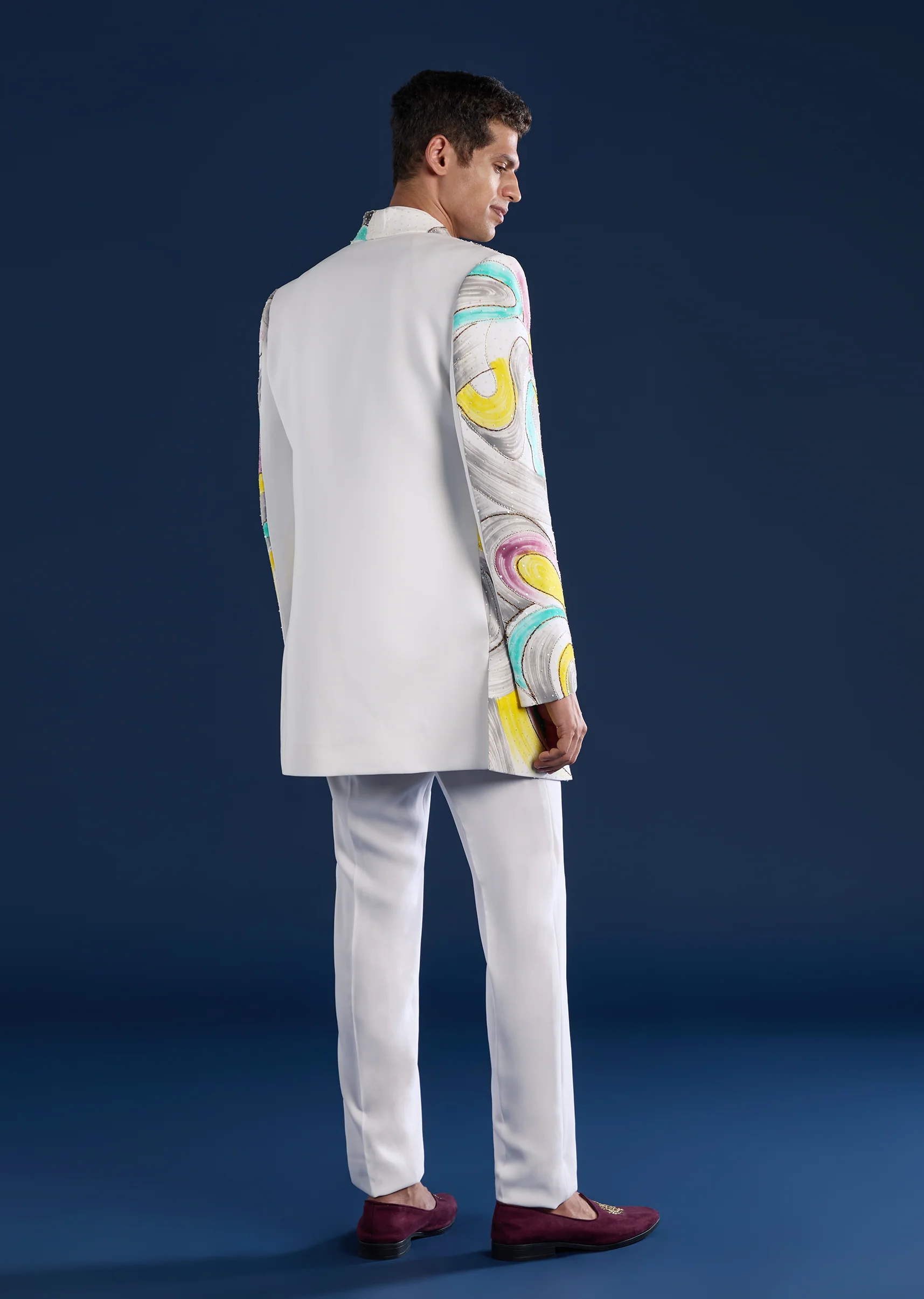 White Indo Western Set For Men With Hand Painted Work - Image 5