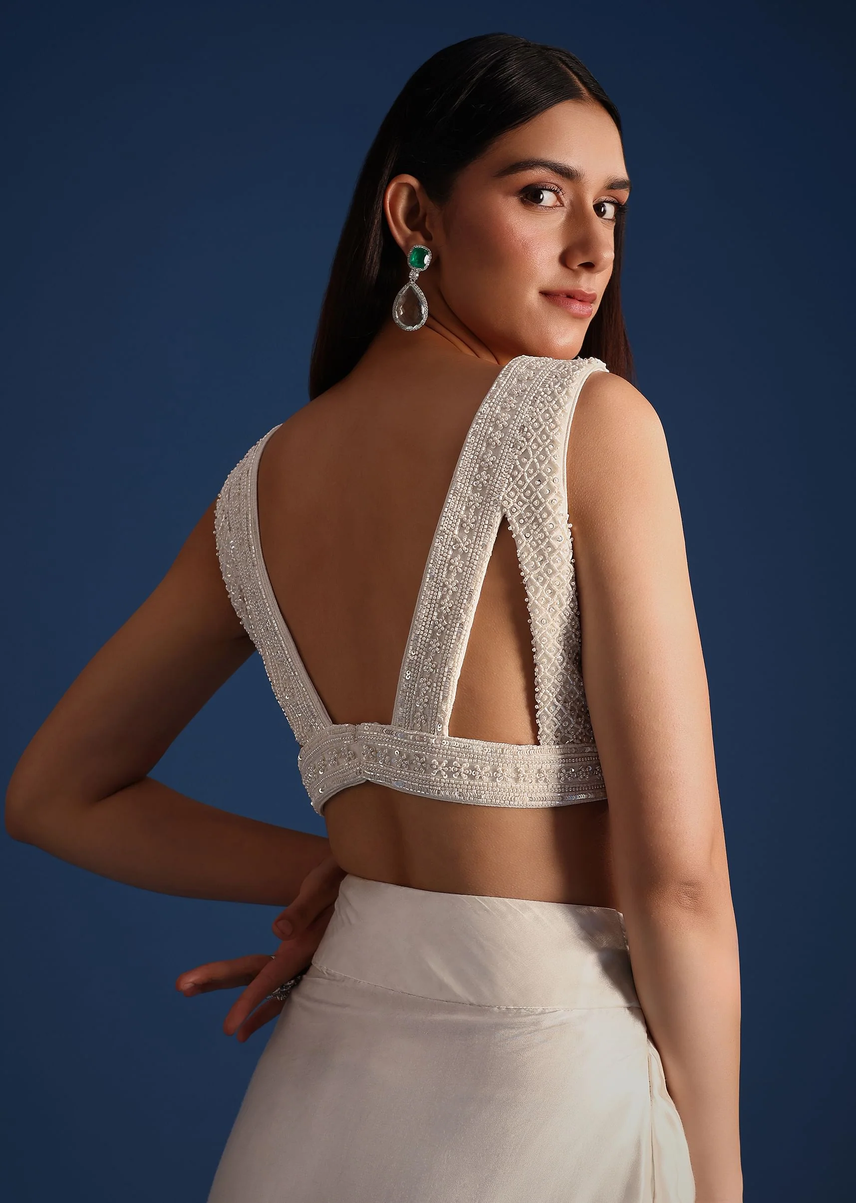 White Jacket With Embellished Blouse And Draped Skirt - Image 7