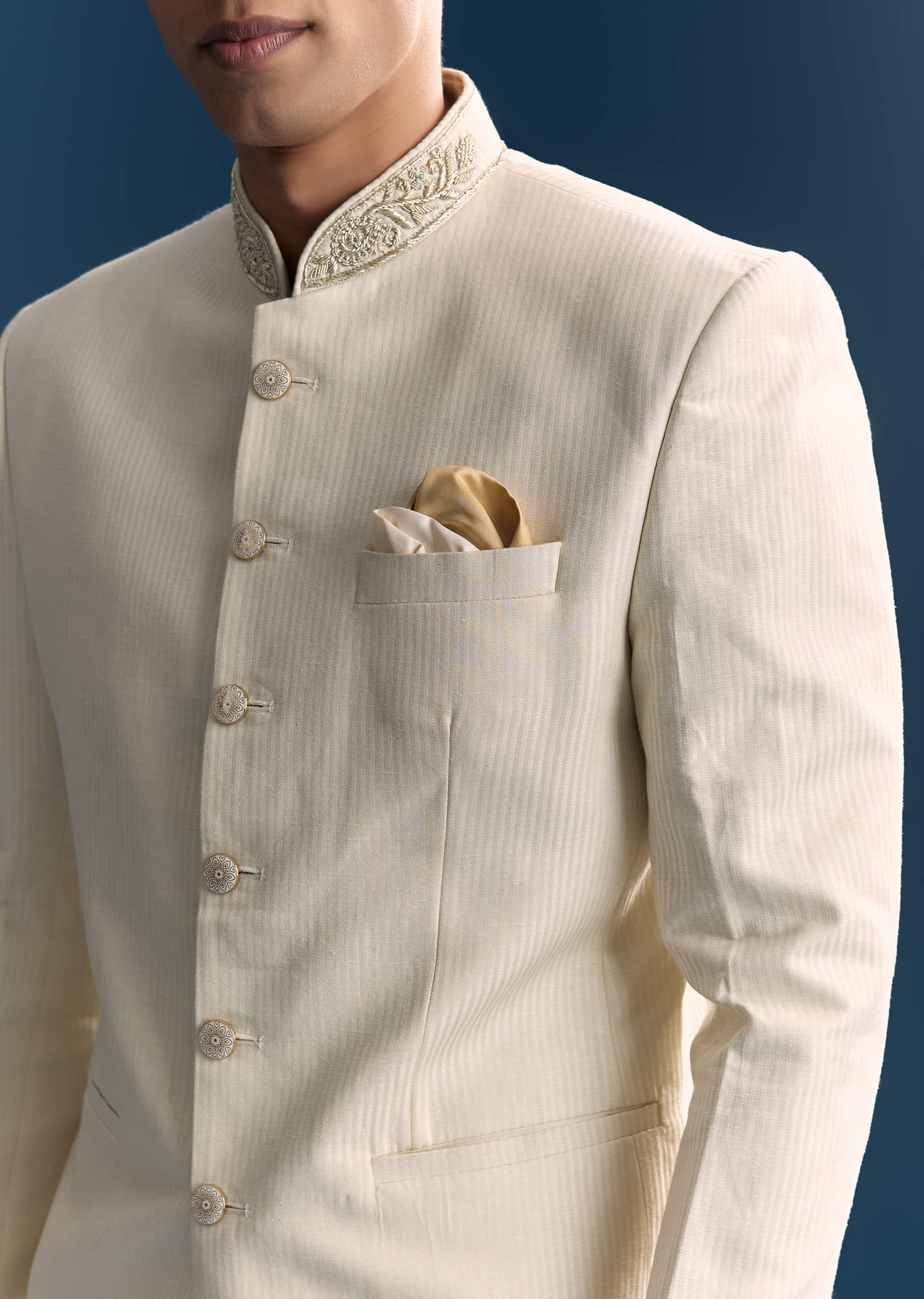 White Jacquard Jodhpuri Suit For Men With Hand Embroidery - Image 2