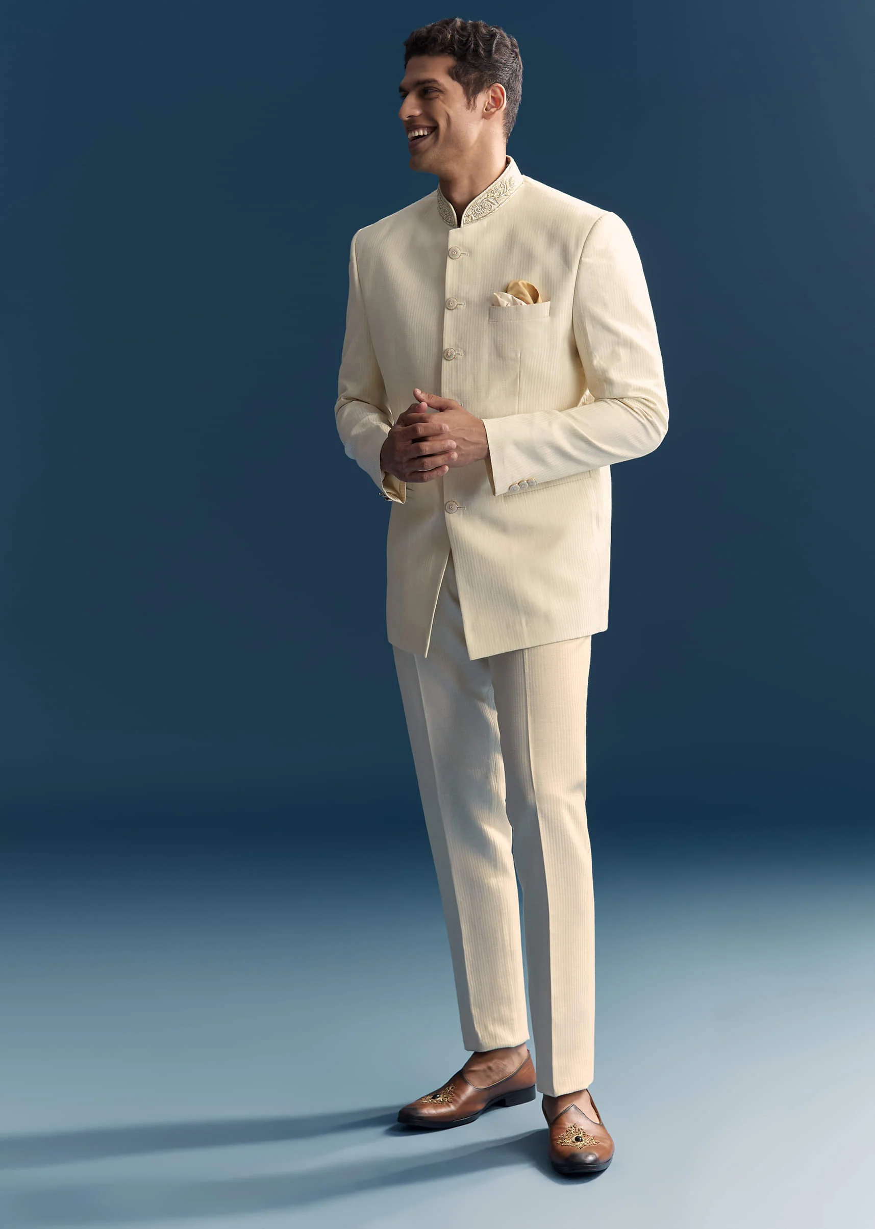 White Jacquard Jodhpuri Suit For Men With Hand Embroidery - Image 3