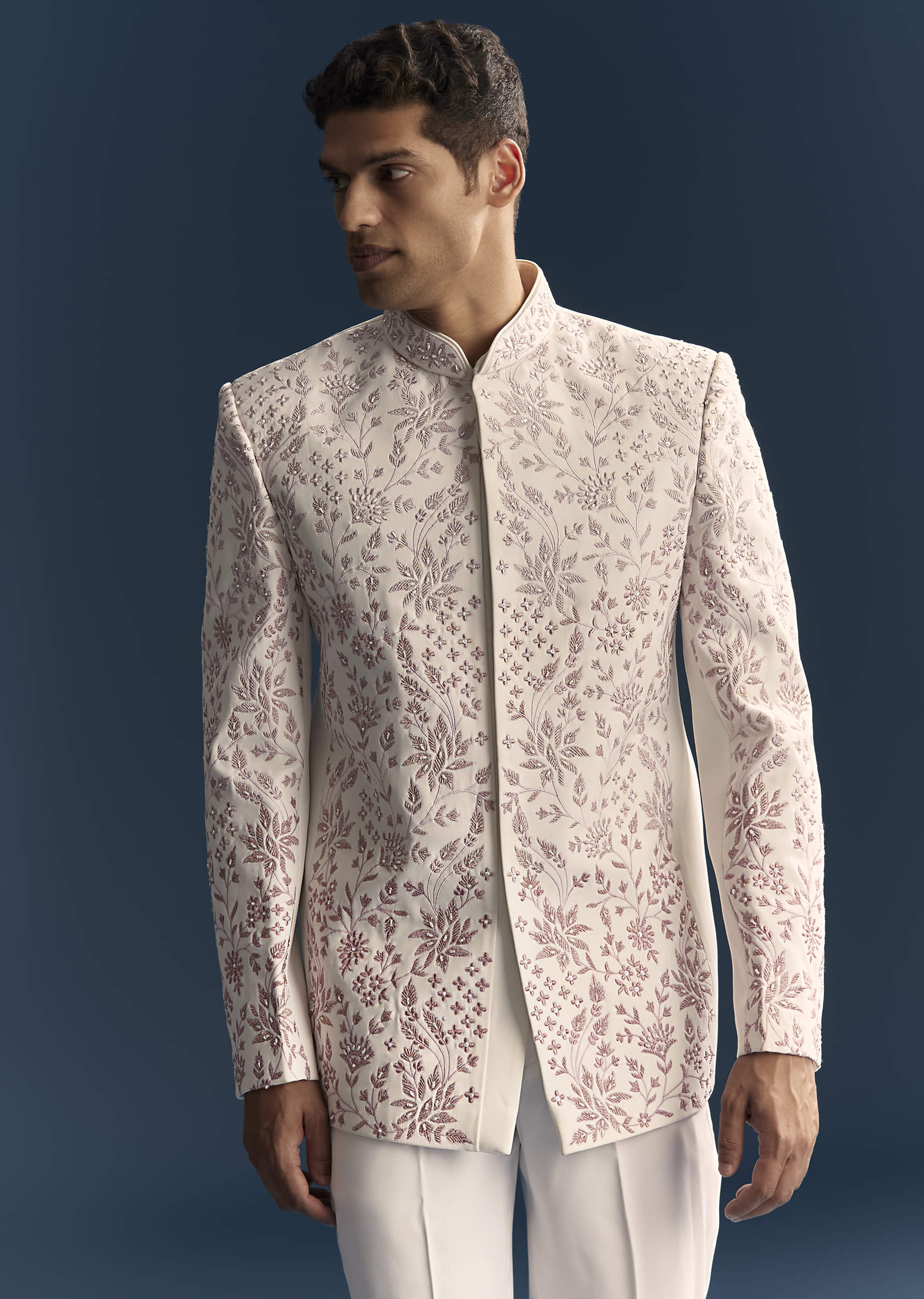 White Jodhpuri Suit For Men With Thread And Moti Embroidery - Image 4