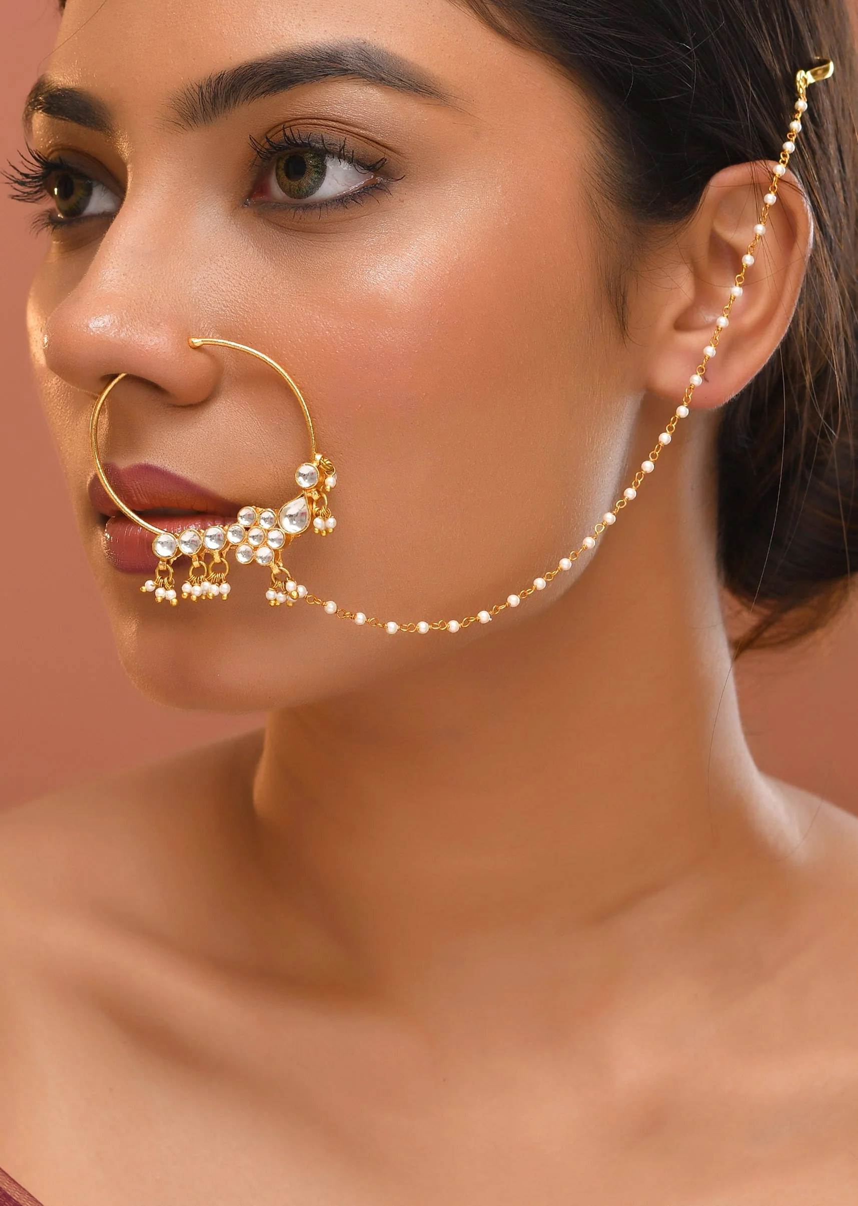 White Kundan Bead Drop Nath