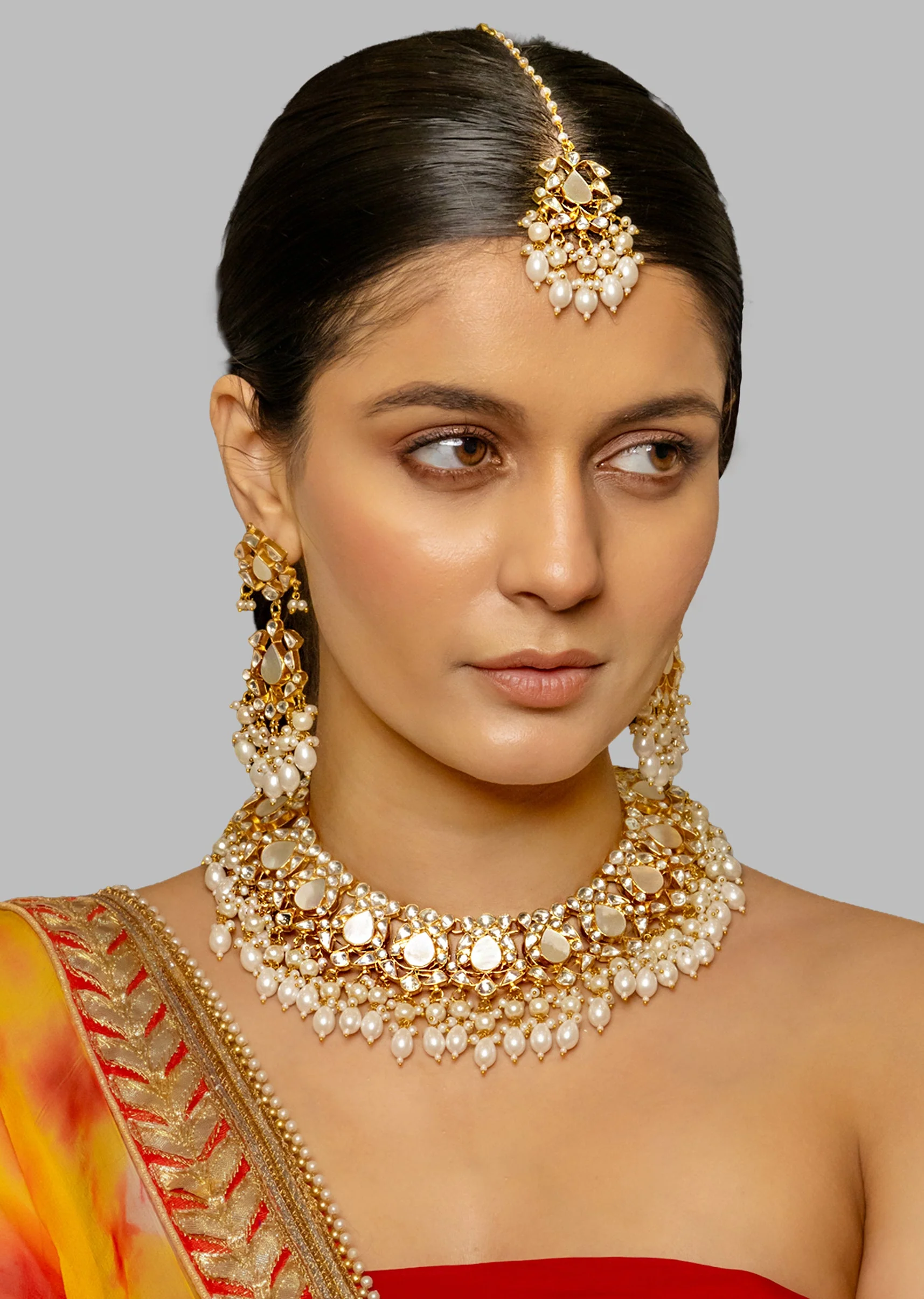 White Kundan Bridal Necklace Set With Polki Diamond Shine