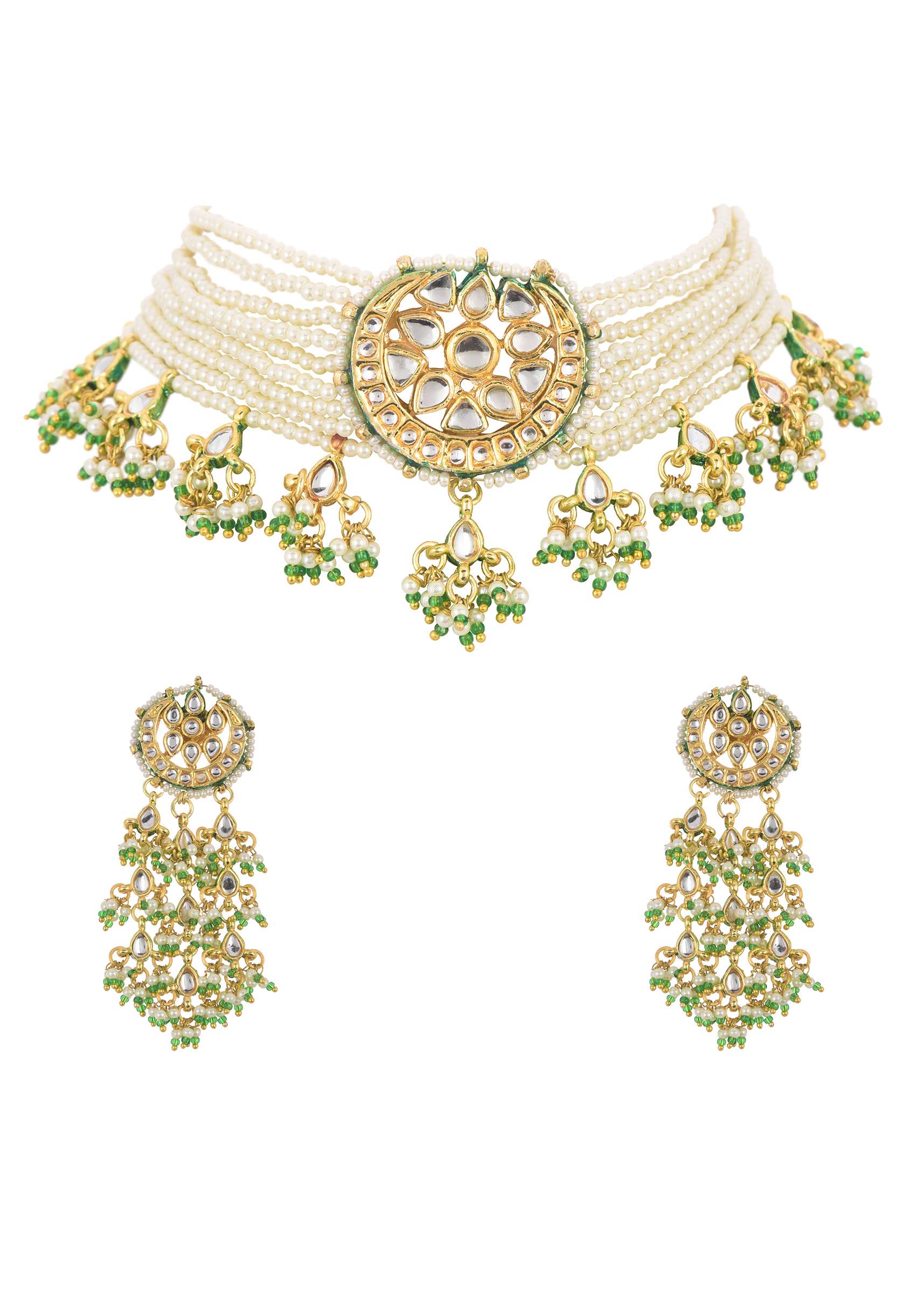 White Kundan Choker Set With Pearls And Drops - Image 4