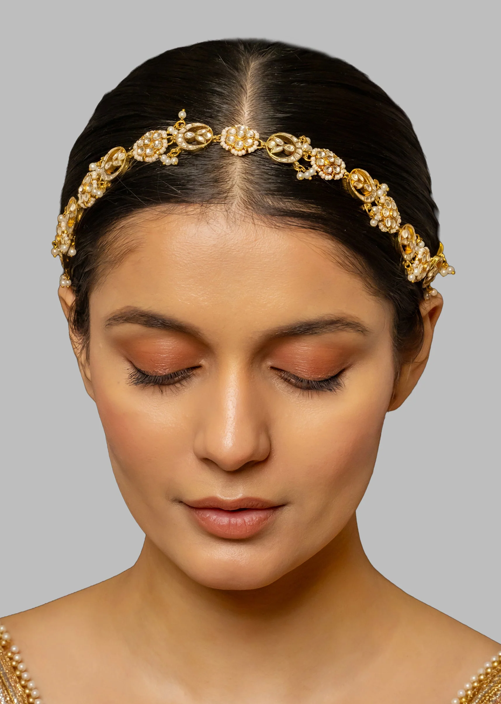 White Kundan Headband With Royal Polki - Image 2