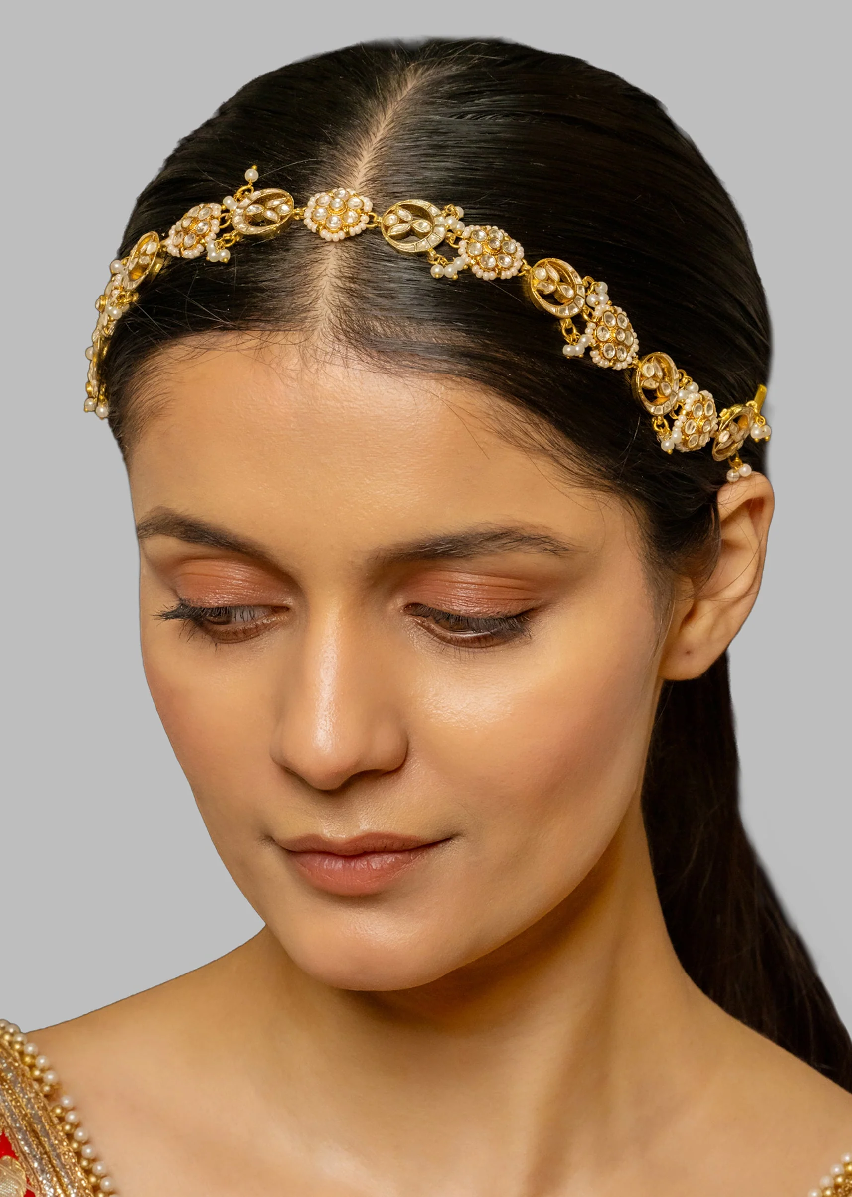 White Kundan Headband With Royal Polki - Image 3