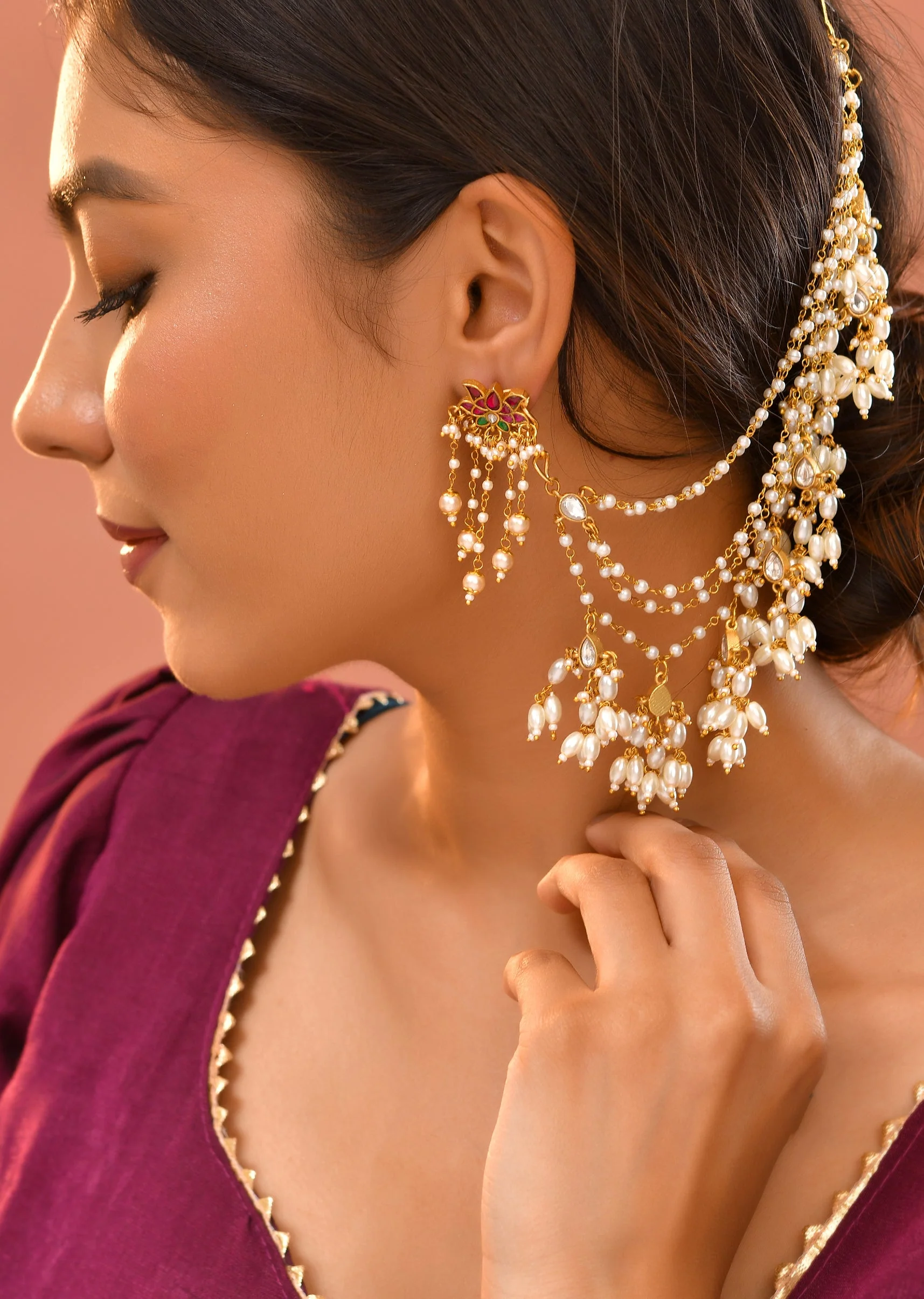 White Kundan Layered Cluster Bead Drop Earchain Set