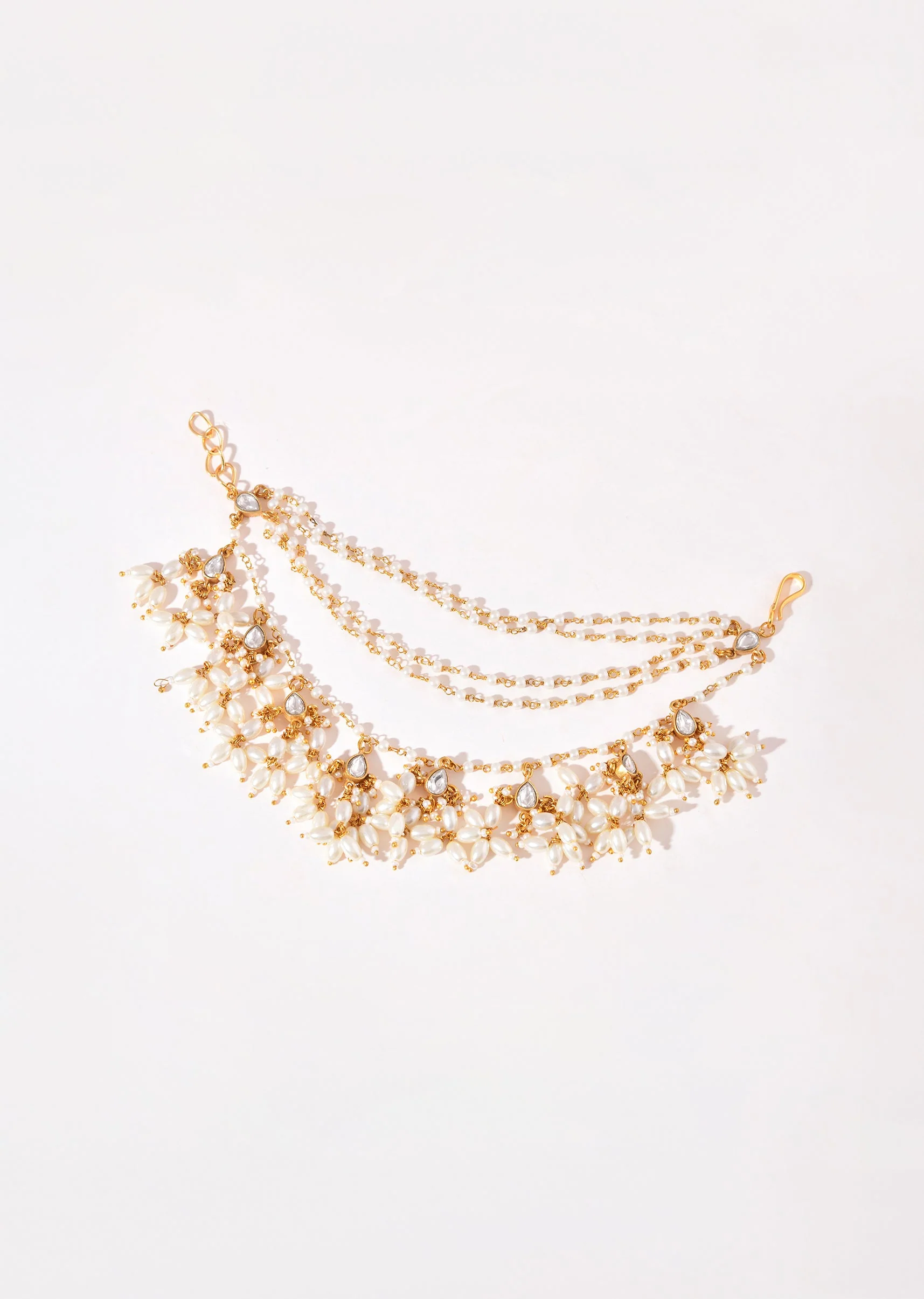 White Kundan Layered Cluster Bead Drop Earchain Set - Image 2