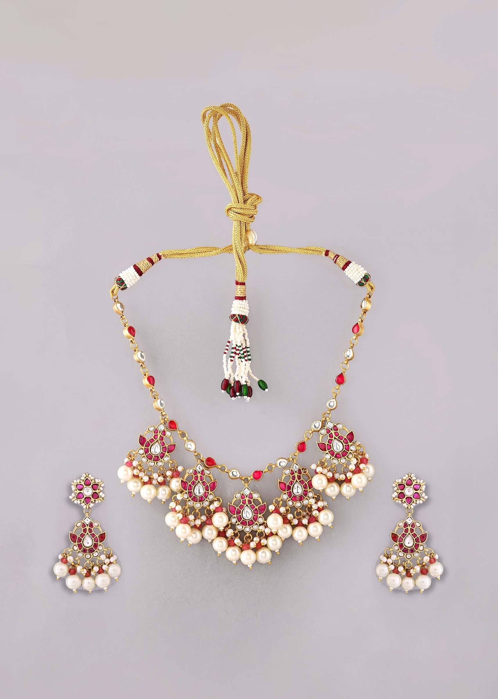 White Kundan Pendant Drop Necklace and Floral Danglers Set - Image 2