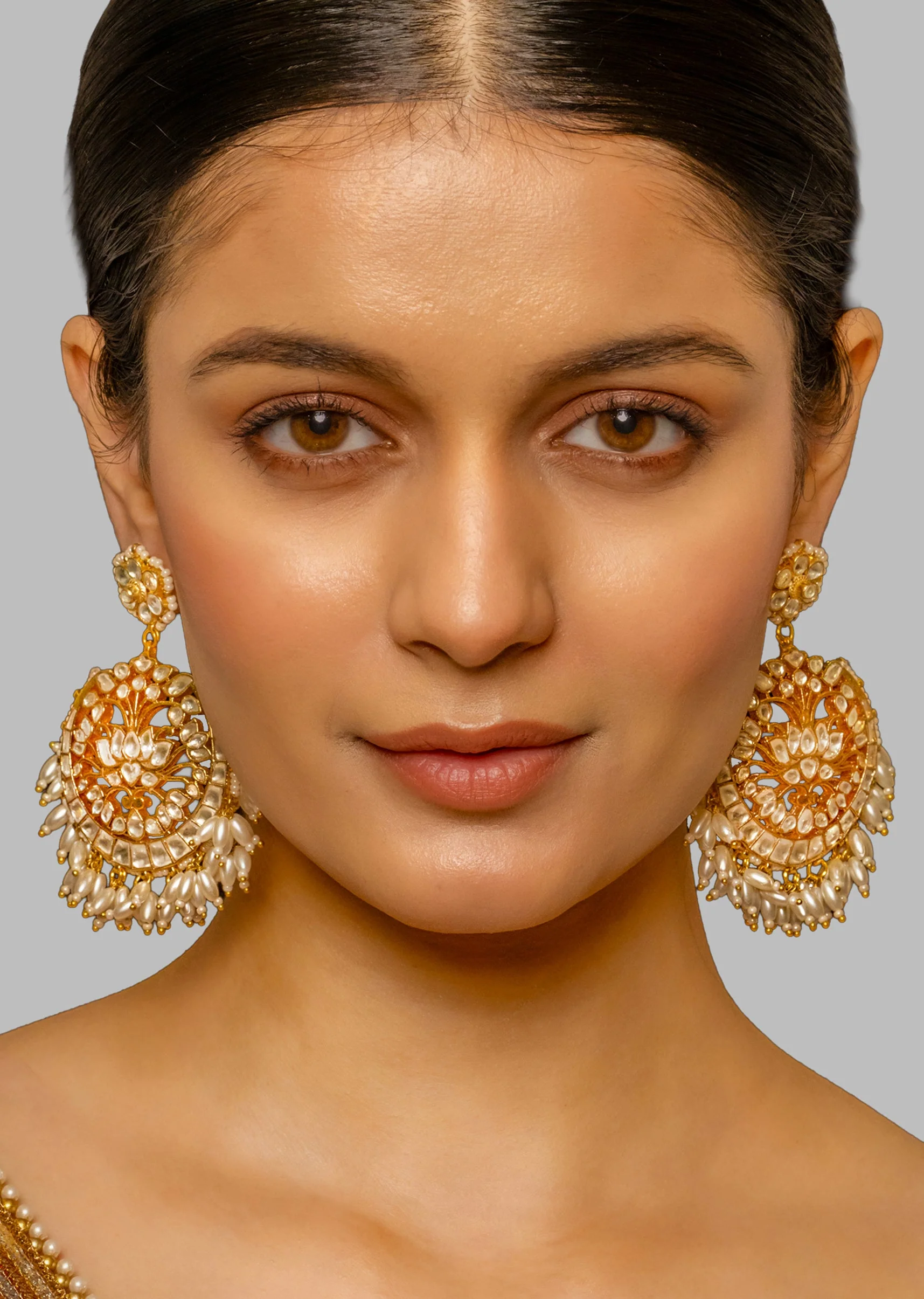 White Kundan Polki Bridal Drop Earrings - Image 2