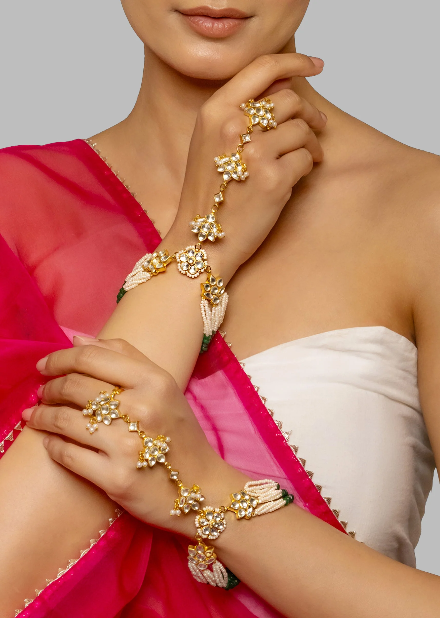White Kundan Polki Bridal Hathphool - Image 2
