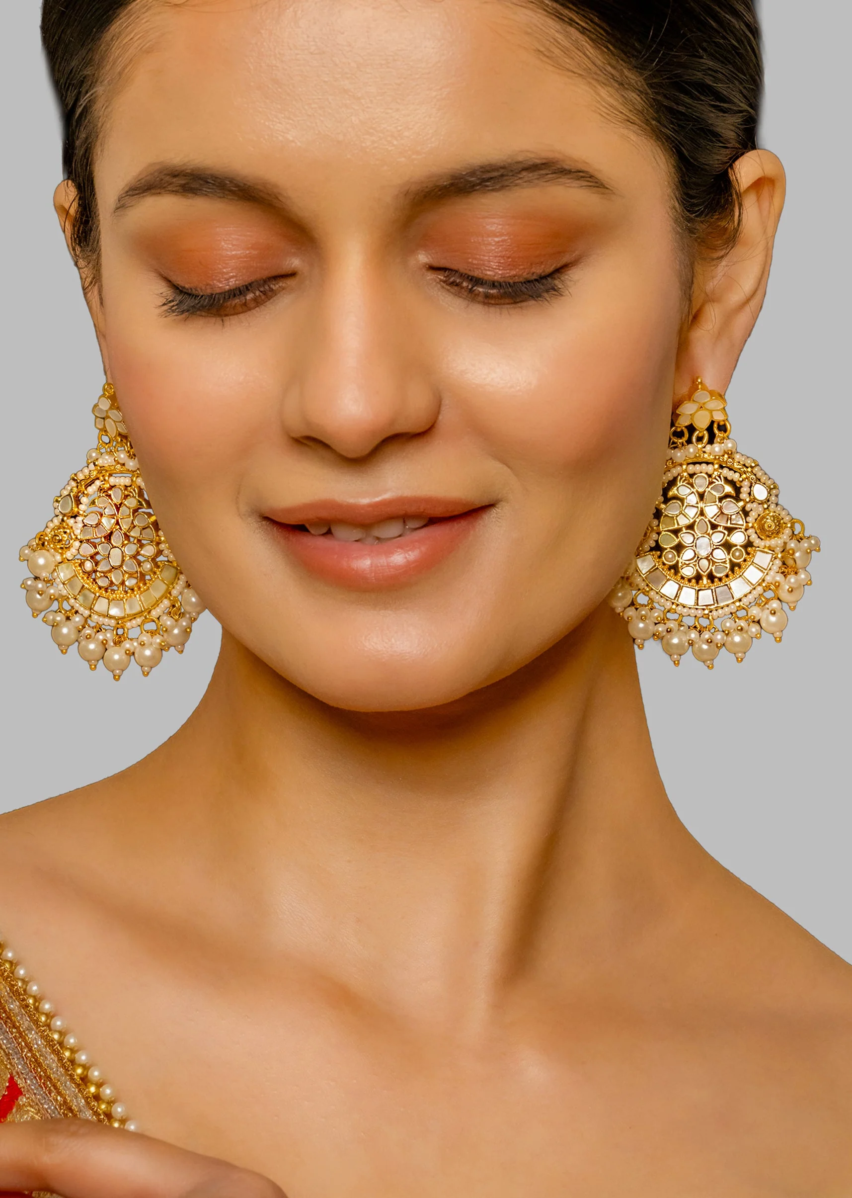 White Kundan Polki Statement Bridal Earrings - Image 2