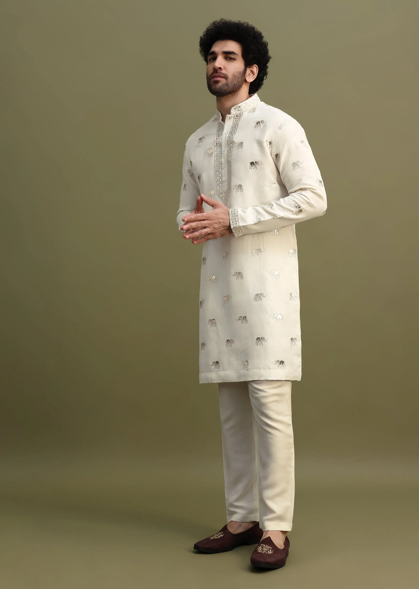 White Kurta With Gold Foil Applique Motifs - Image 2