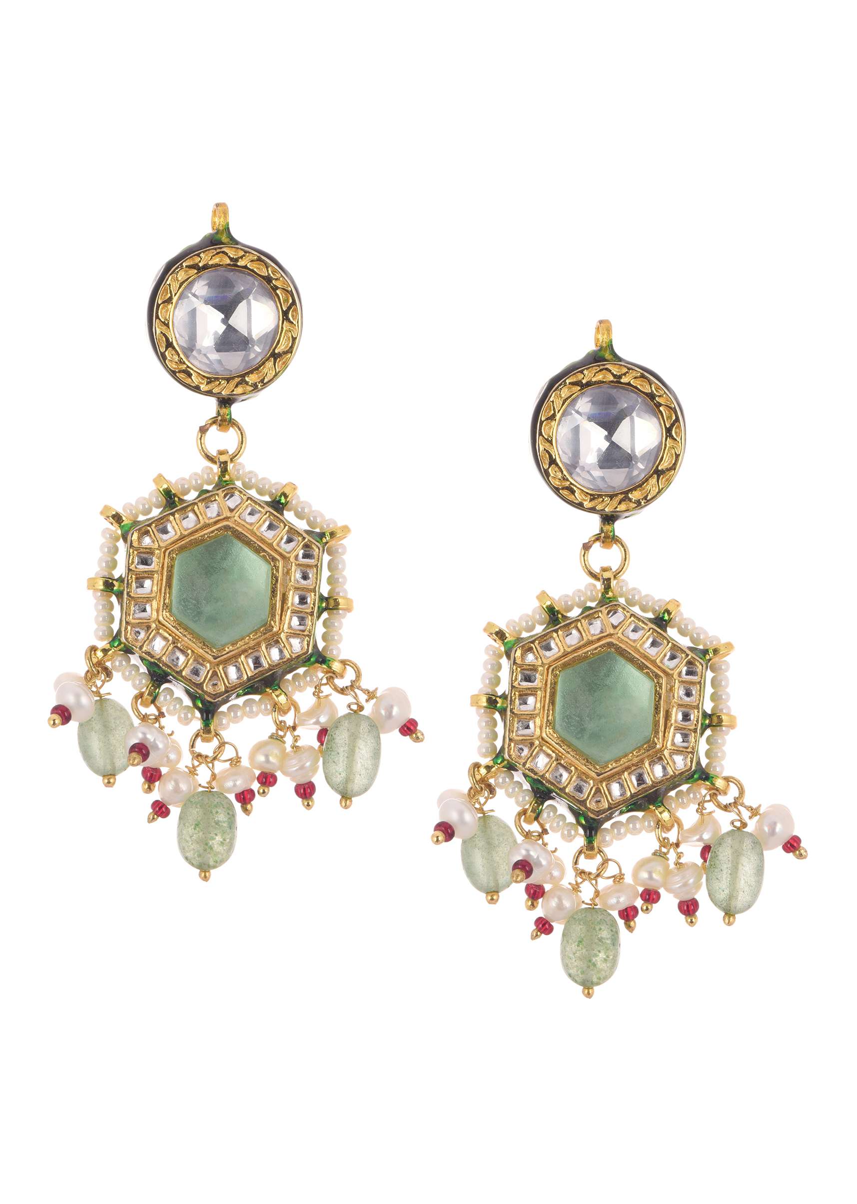 White Layered Kundan Necklace And Earring Set With Carved Motif - Image 4