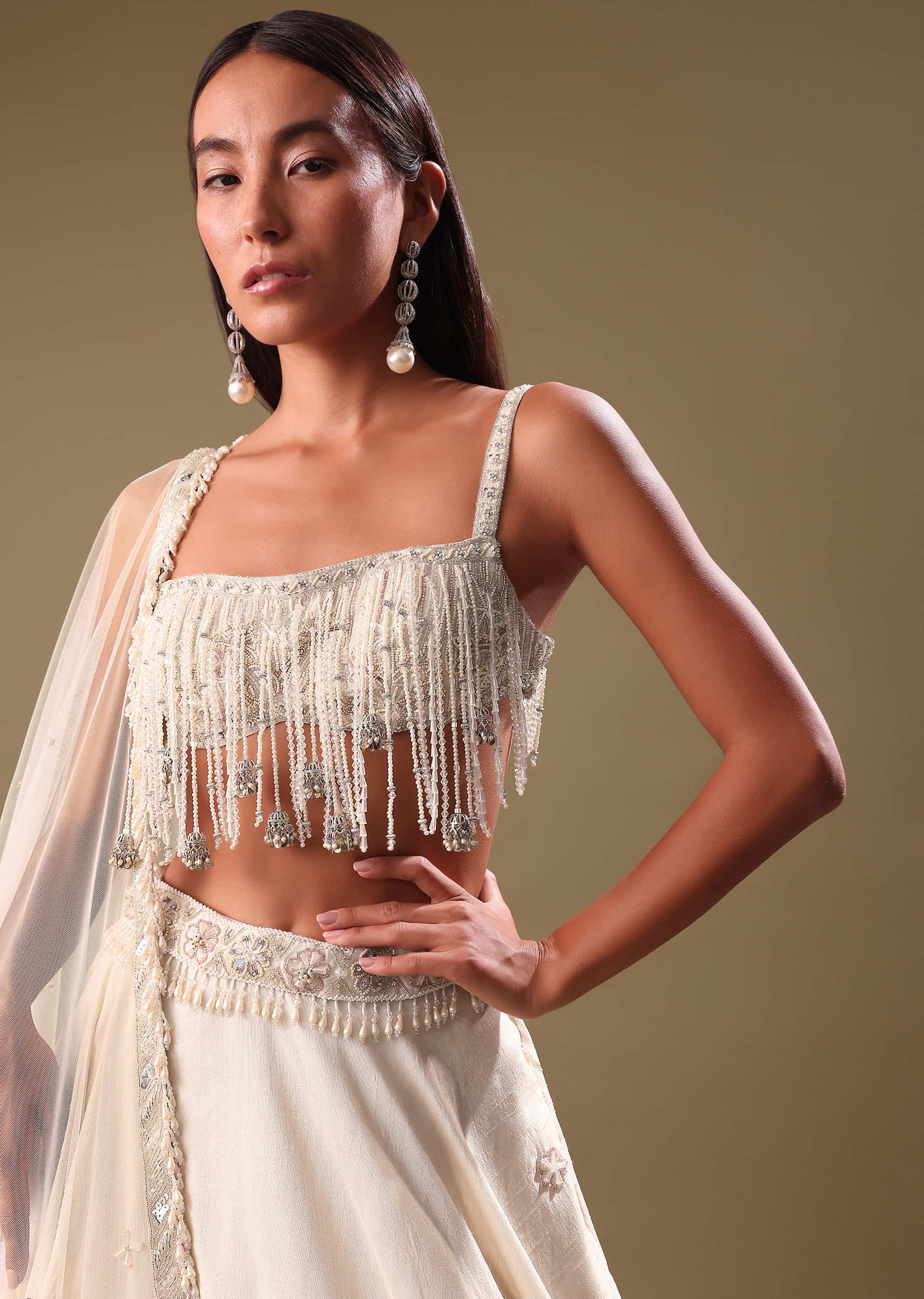 White Lehenga With Embroidered Blouse And Dupatta - Image 4