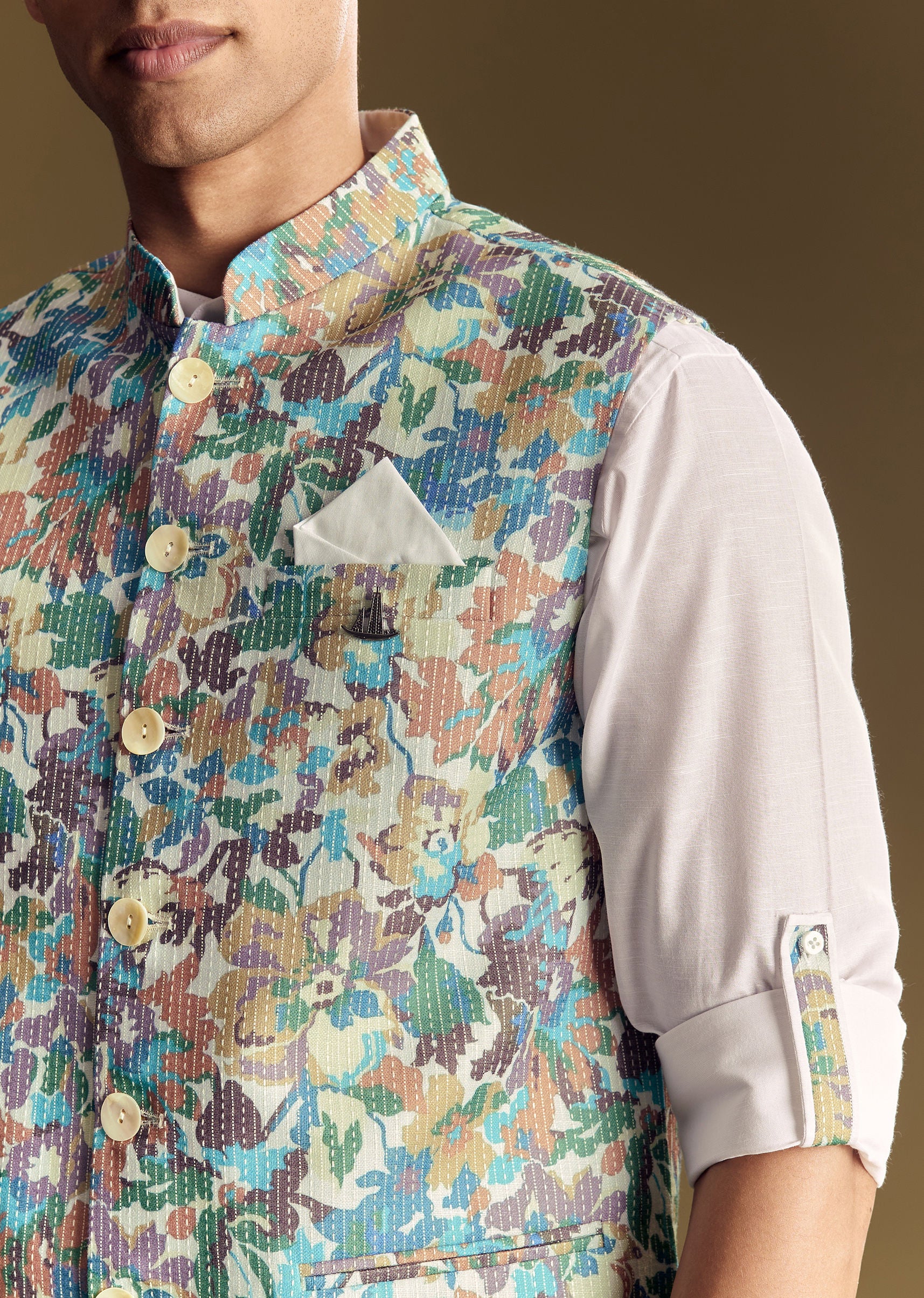 White Linen Jacket And Shirt With Multicolor Kantha Detailing