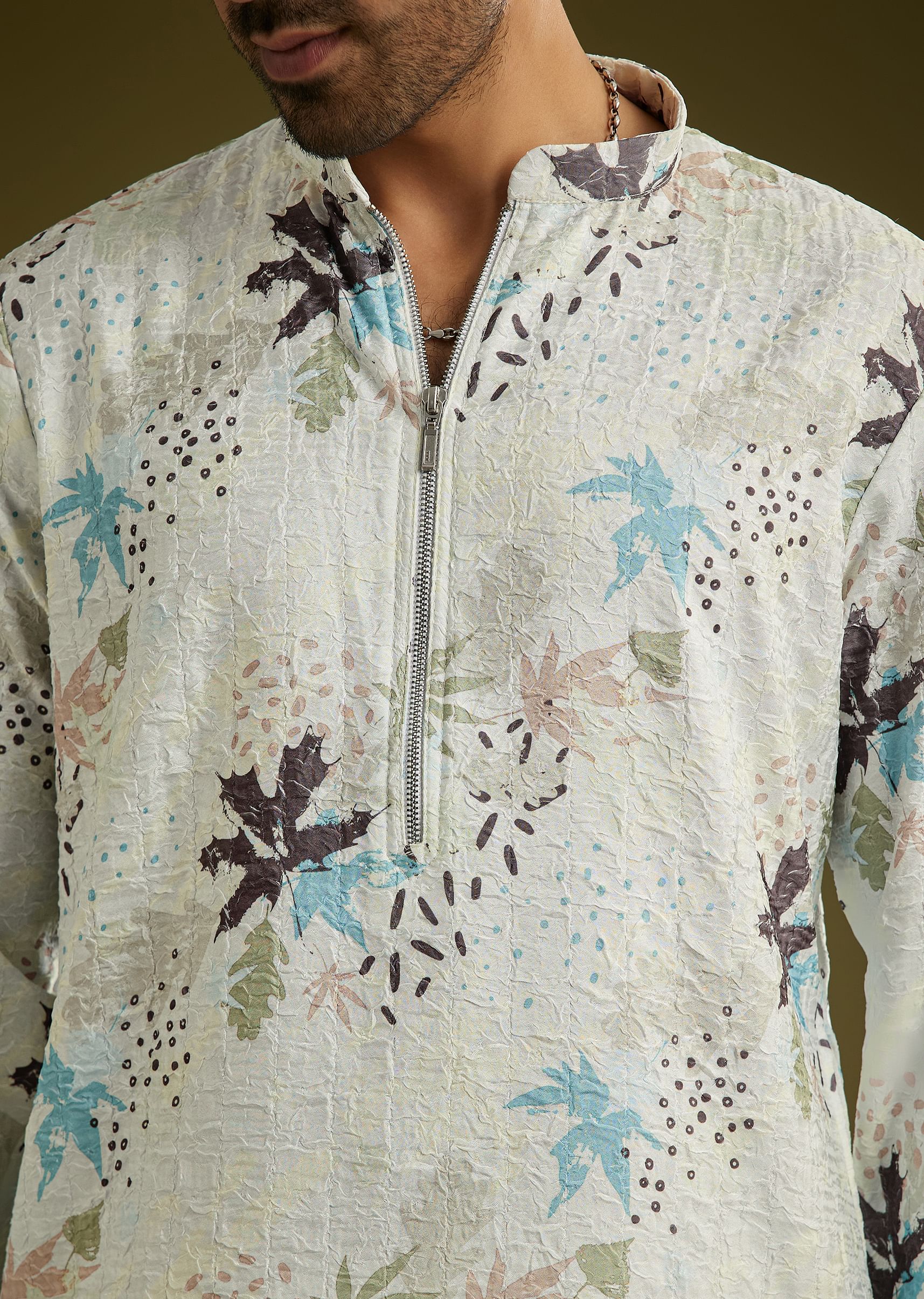 White Linen Zipper Kurta Set With Abstract Leaf Motifs