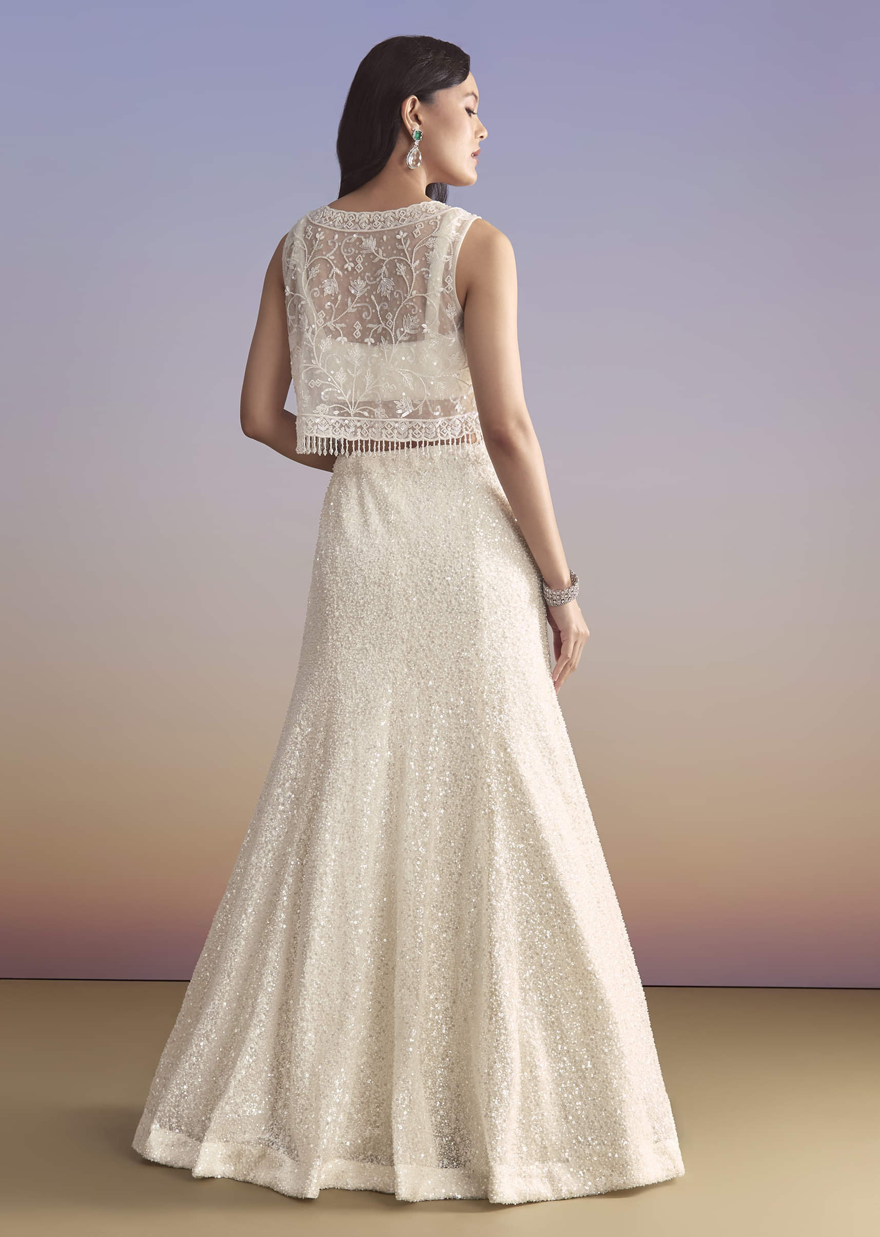 White Net Bridesmaid Lehenga With Sequins Work And Embellished Jacket - Image 2