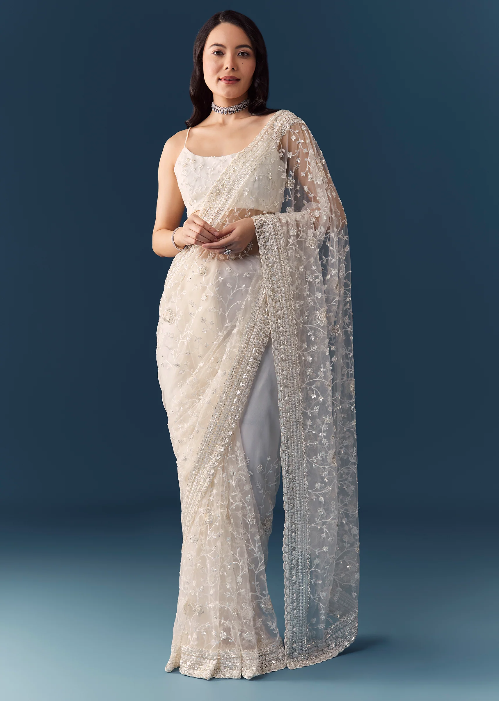 White Net Jaal Resham Work Saree with Unstitched Blouse