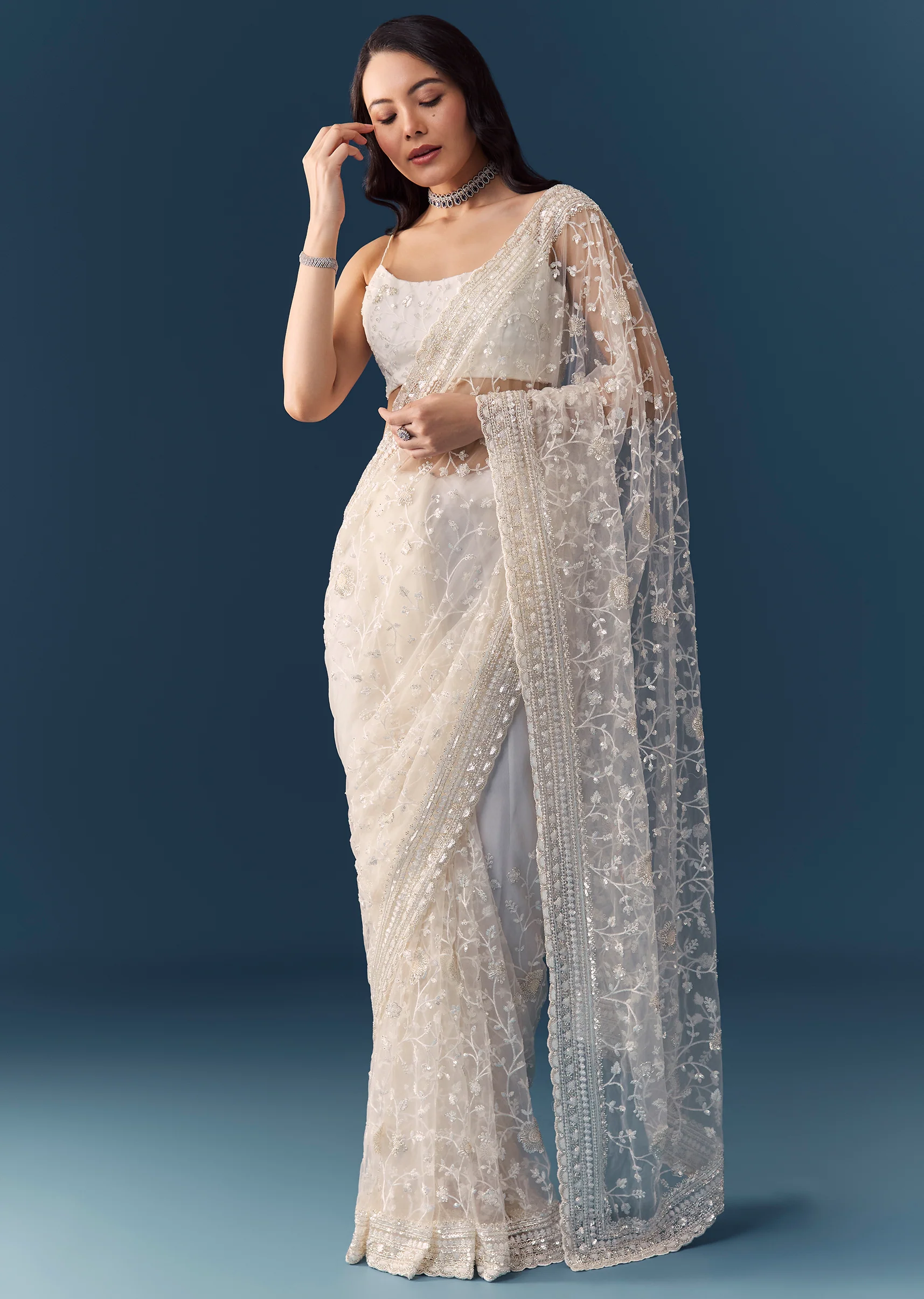 White Net Jaal Resham Work Saree with Unstitched Blouse - Image 3