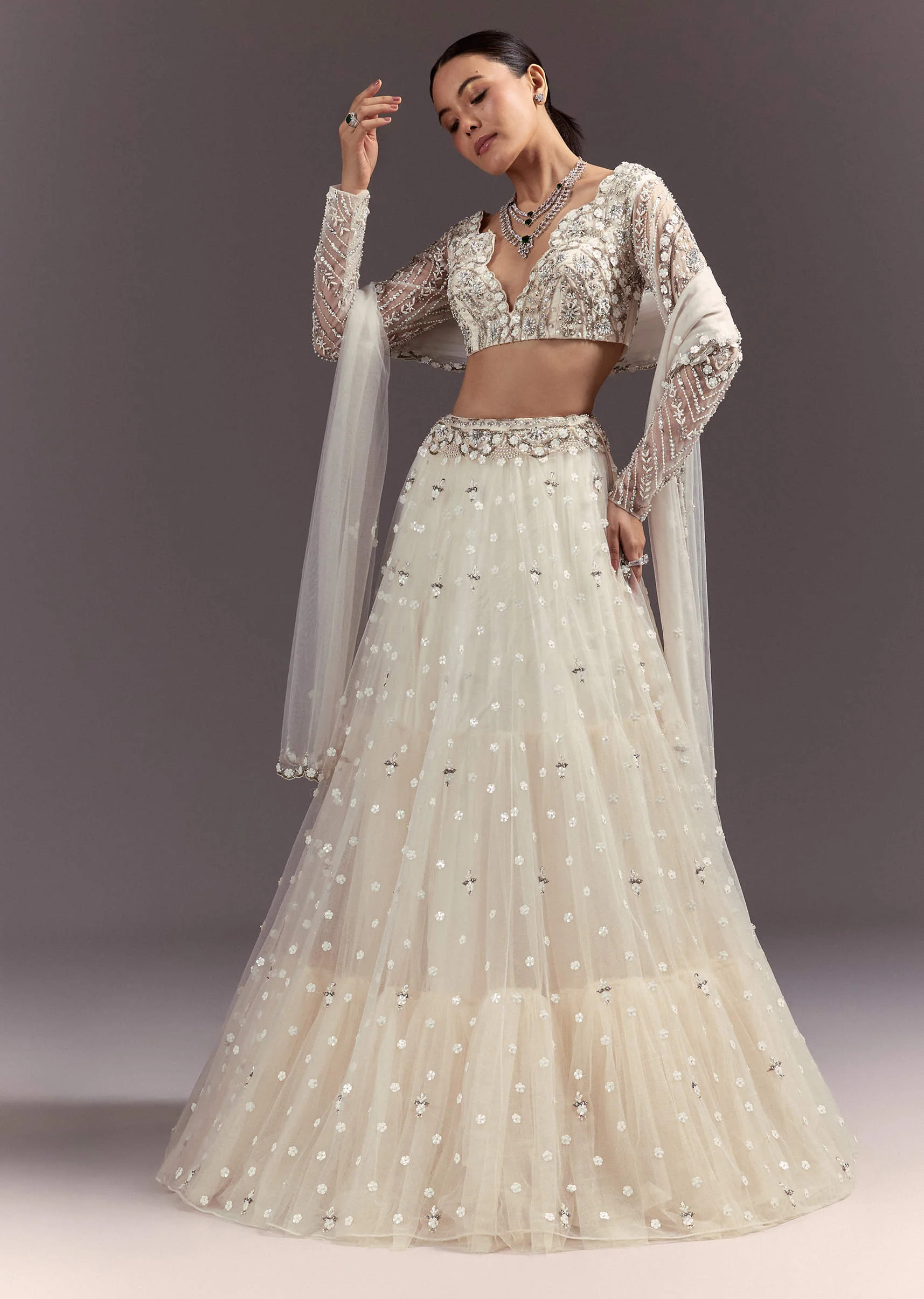 White Net Lehenga Set With Embellished Blouse And Dupatta - Image 3