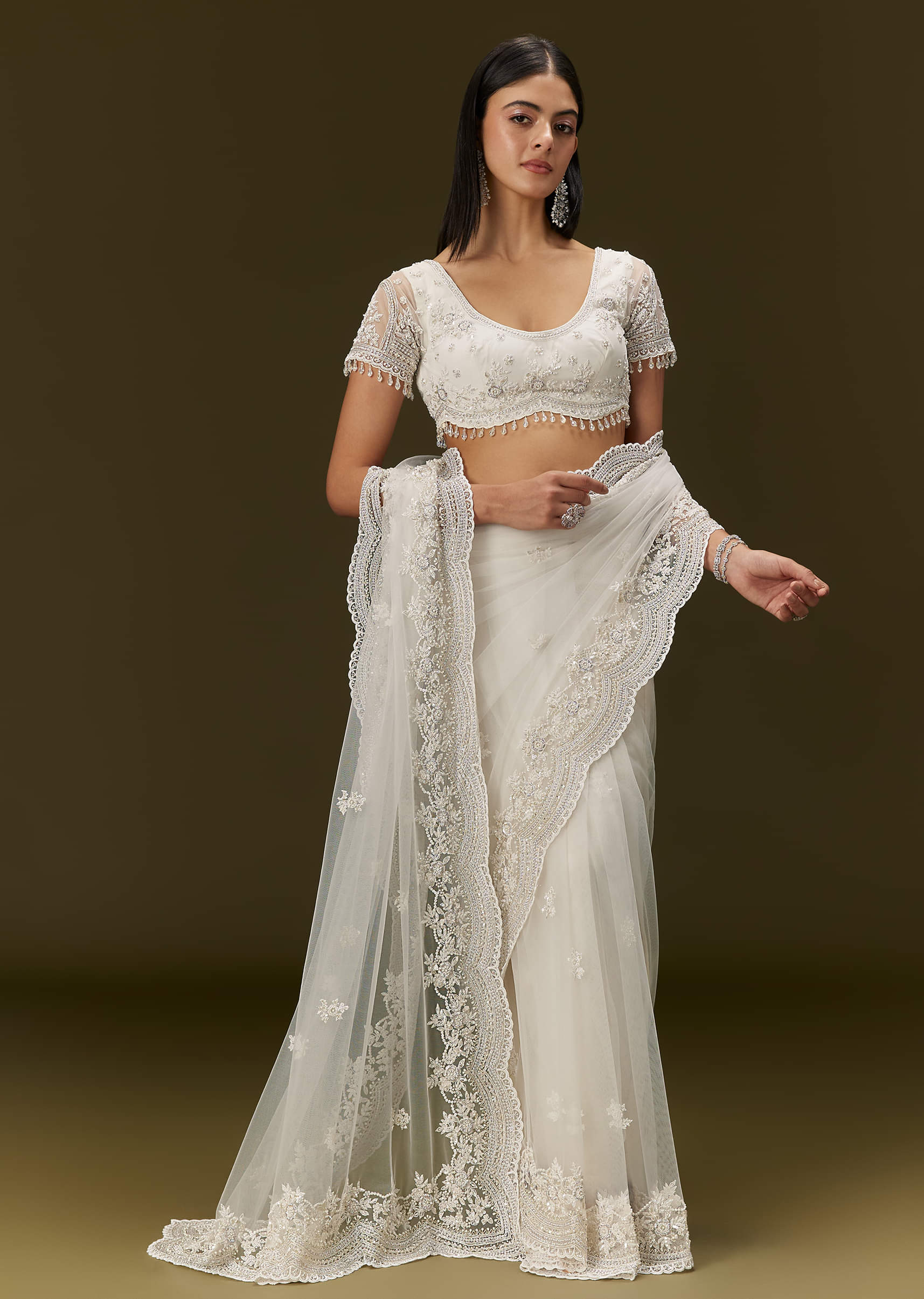 White Net Saree With All Over Embroidery - Image 2
