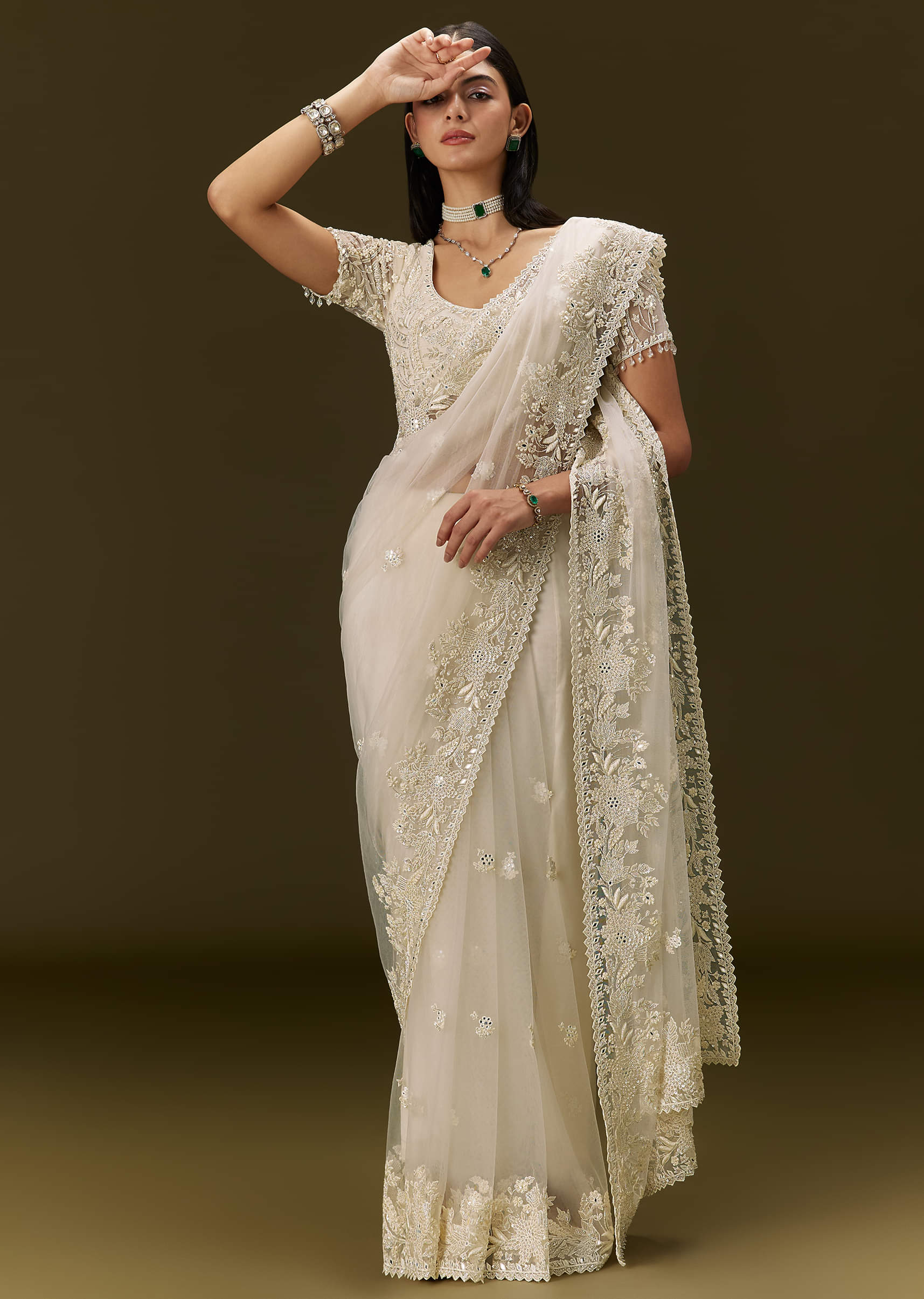 White Net Saree With All Over Heavy Embroidery - Image 2